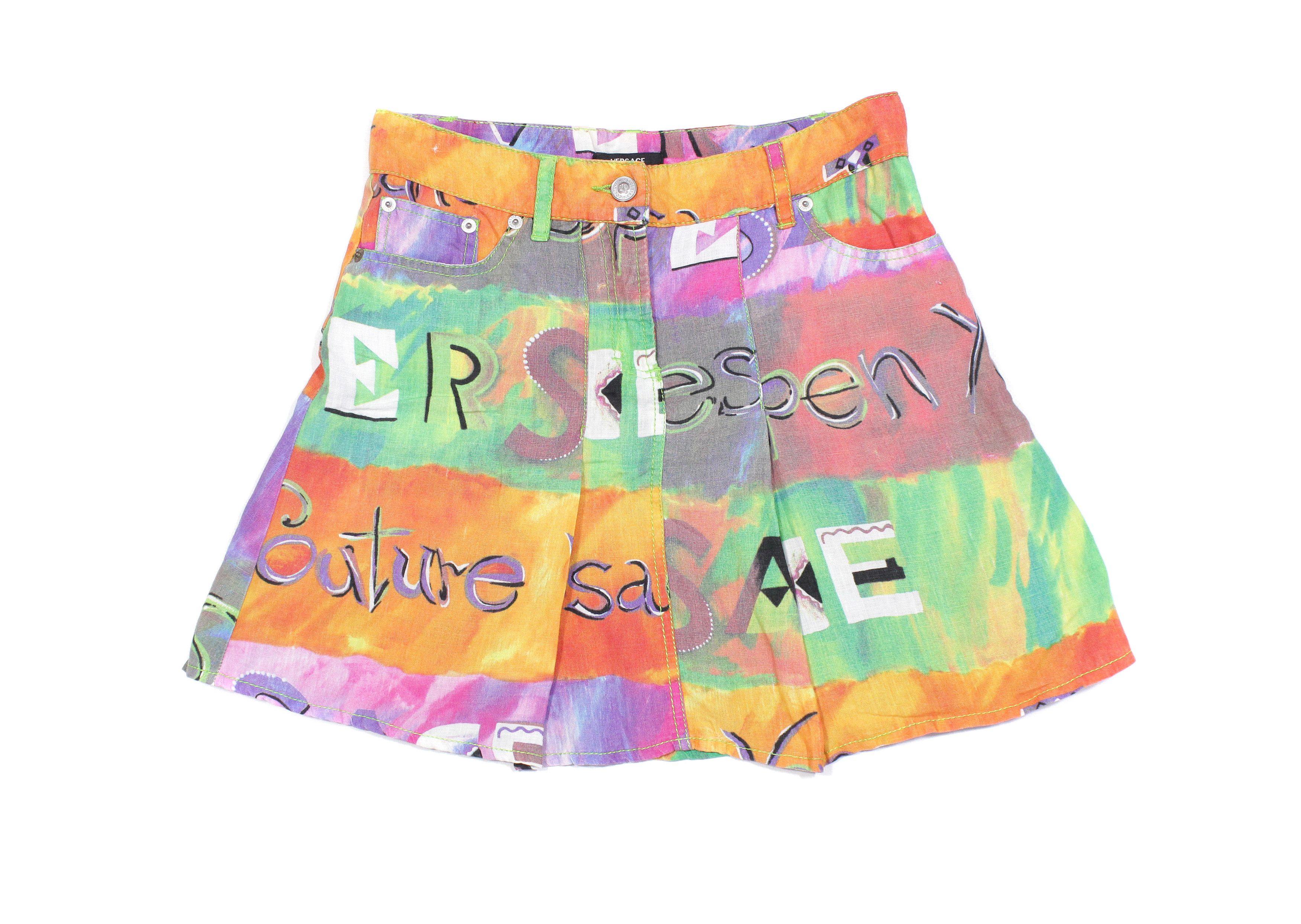 image of Versace 00S Graffiti Printed Linen Mini Skirt Vintage, Women's (Size 27)