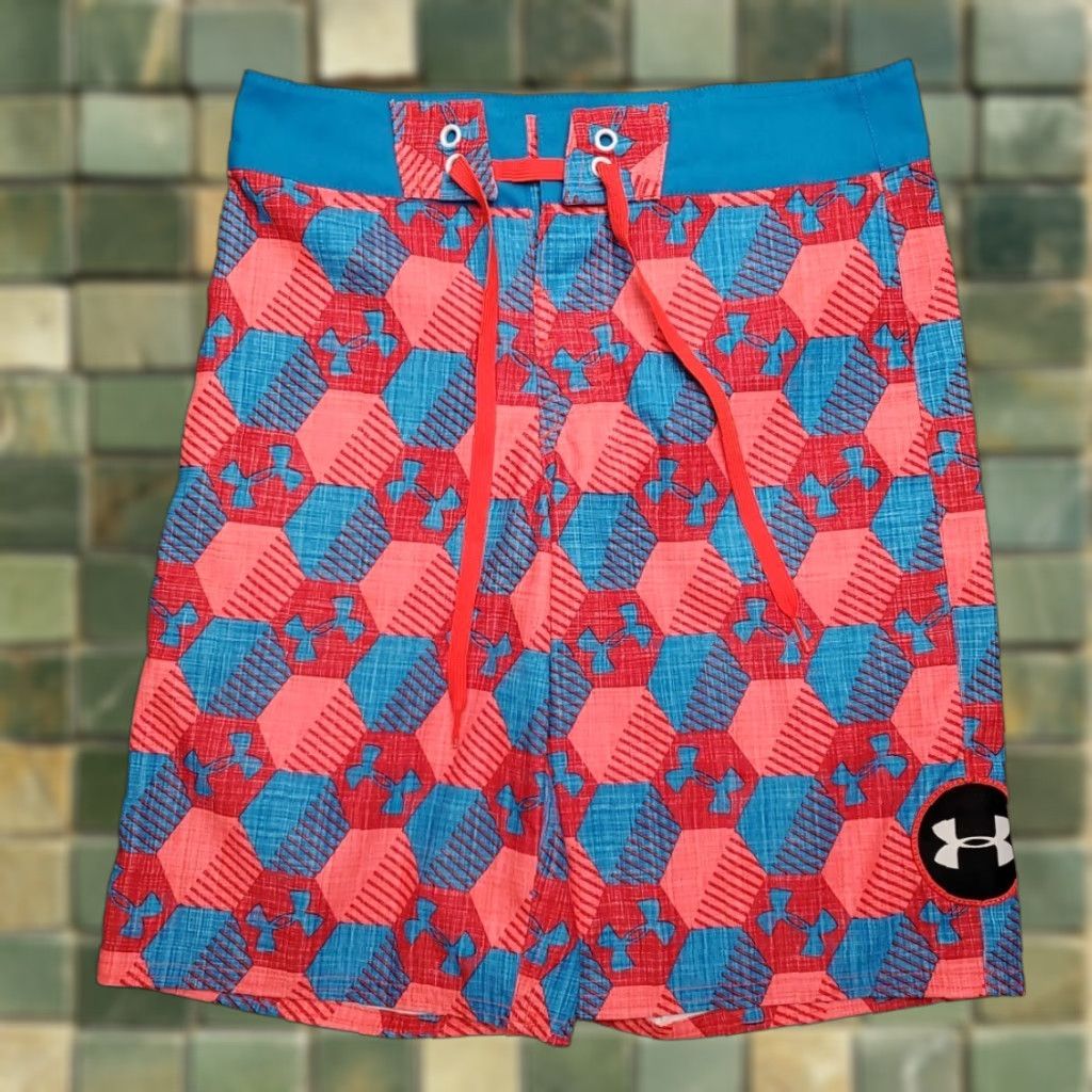 Under Armour Under Armour Board Shorts Men 27 Blue Red Heatgear Hybrid Unlined Swim UV-Protection Drawstring Geometric 90s Outdoor Mens Size US 27 - 1 Thumbnail