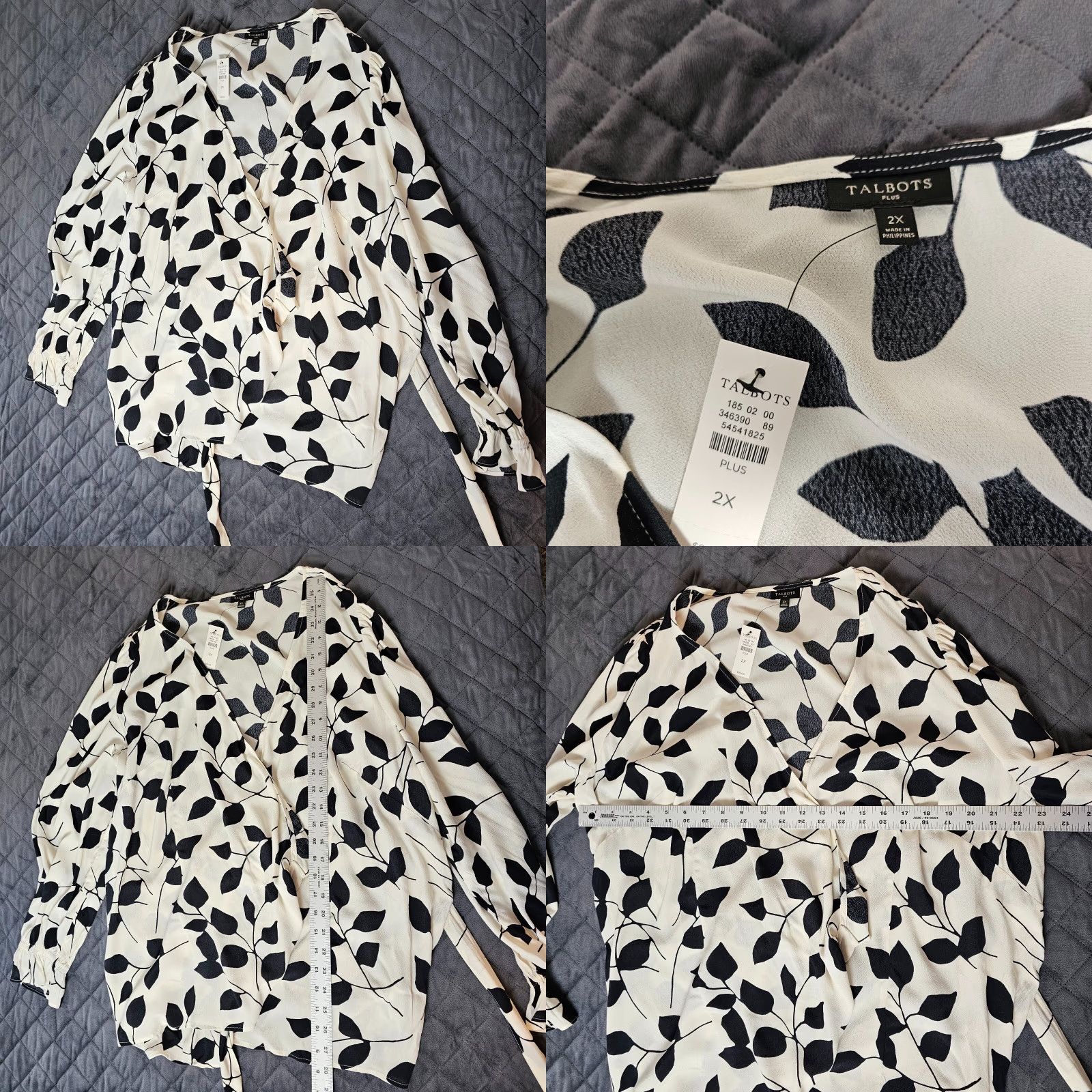 Talbots Talbots Blouse Shirt Plus 2X White Black V-Neck Button Ruffle Lightweight Long Sleeve Capable 100% Cotton Womens Modern Basic Size XXL / US 16-18 / IT 52-54 - 8 Thumbnail