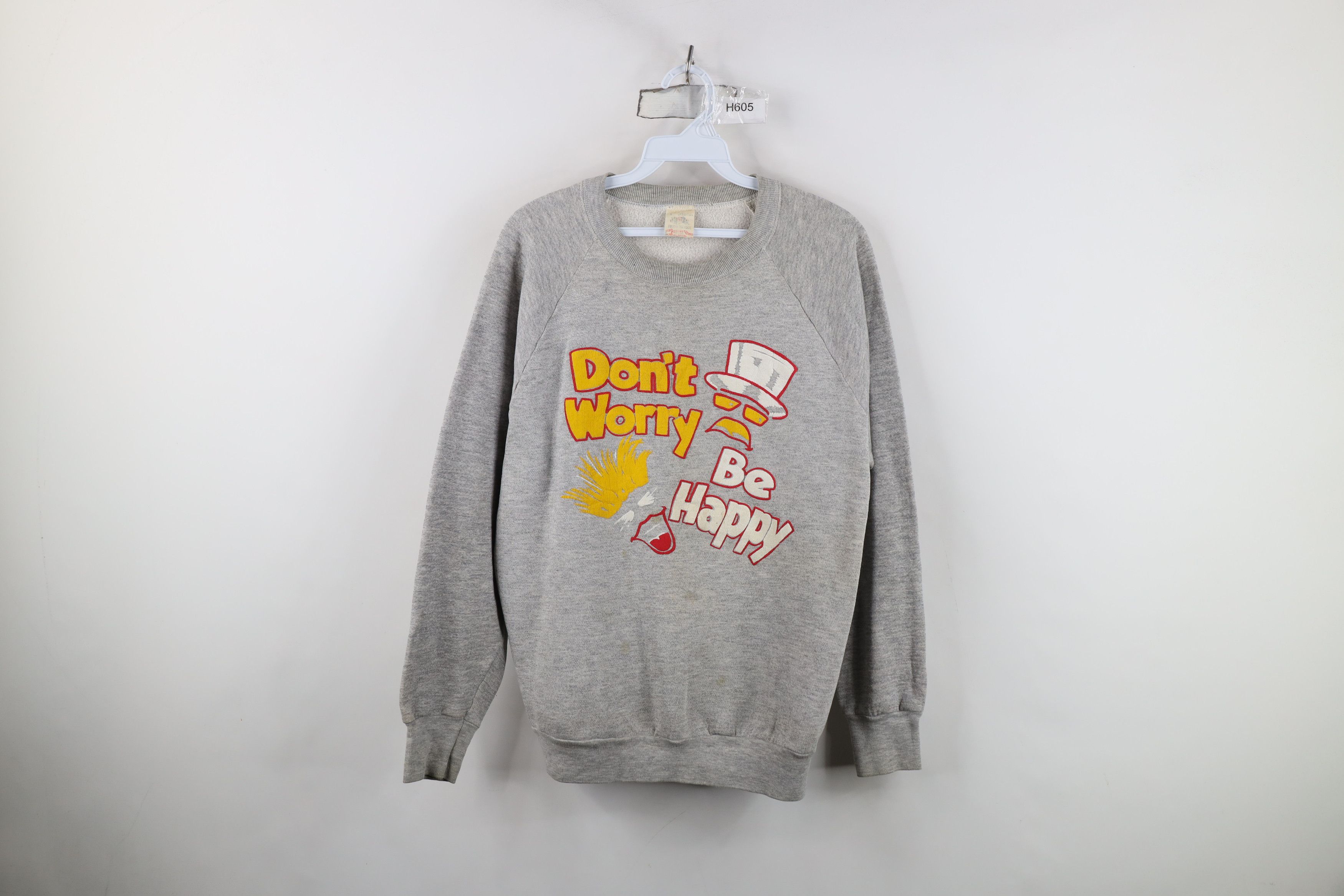 Vintage Vintage 80s 90s Streetwear Be Happy Sweatshirt Gray USA Size US L / EU 52-54 / 3 - 1 Thumbnail