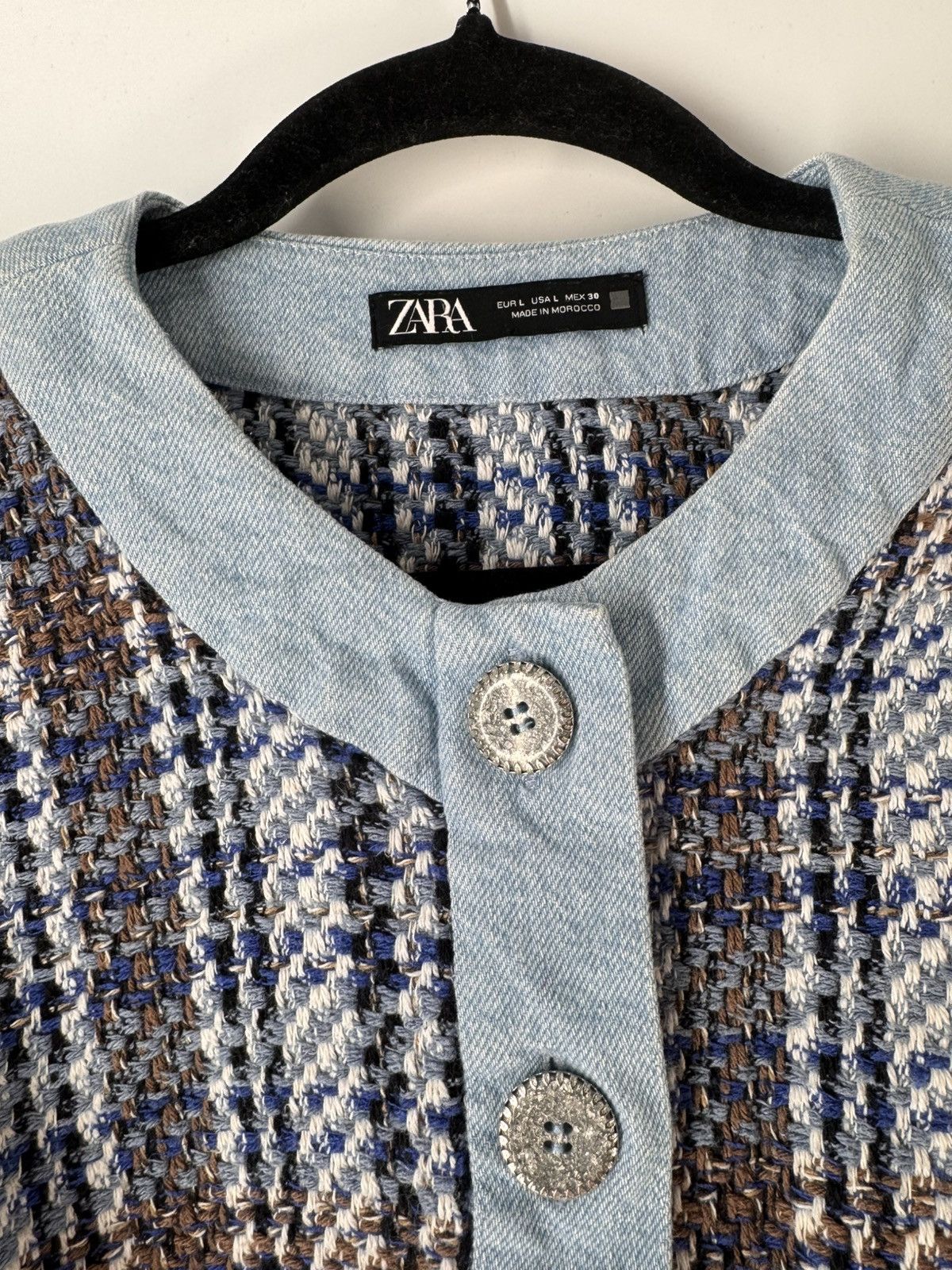 Zara ZARA Tweed Textured Crop Long Sleeve Denim Blue Blazer Size L / US 10 / IT 46 - 3 Thumbnail