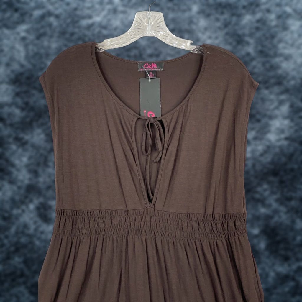 Vintage Caroline Morgan CKM Dress XL Brown Elastic Waist Knit Jersey Cap Sleeve Scoop Neck Knee Length NWT Casual Travel Womens Size XL / US 12-14 / IT 48-50 - 1 Thumbnail