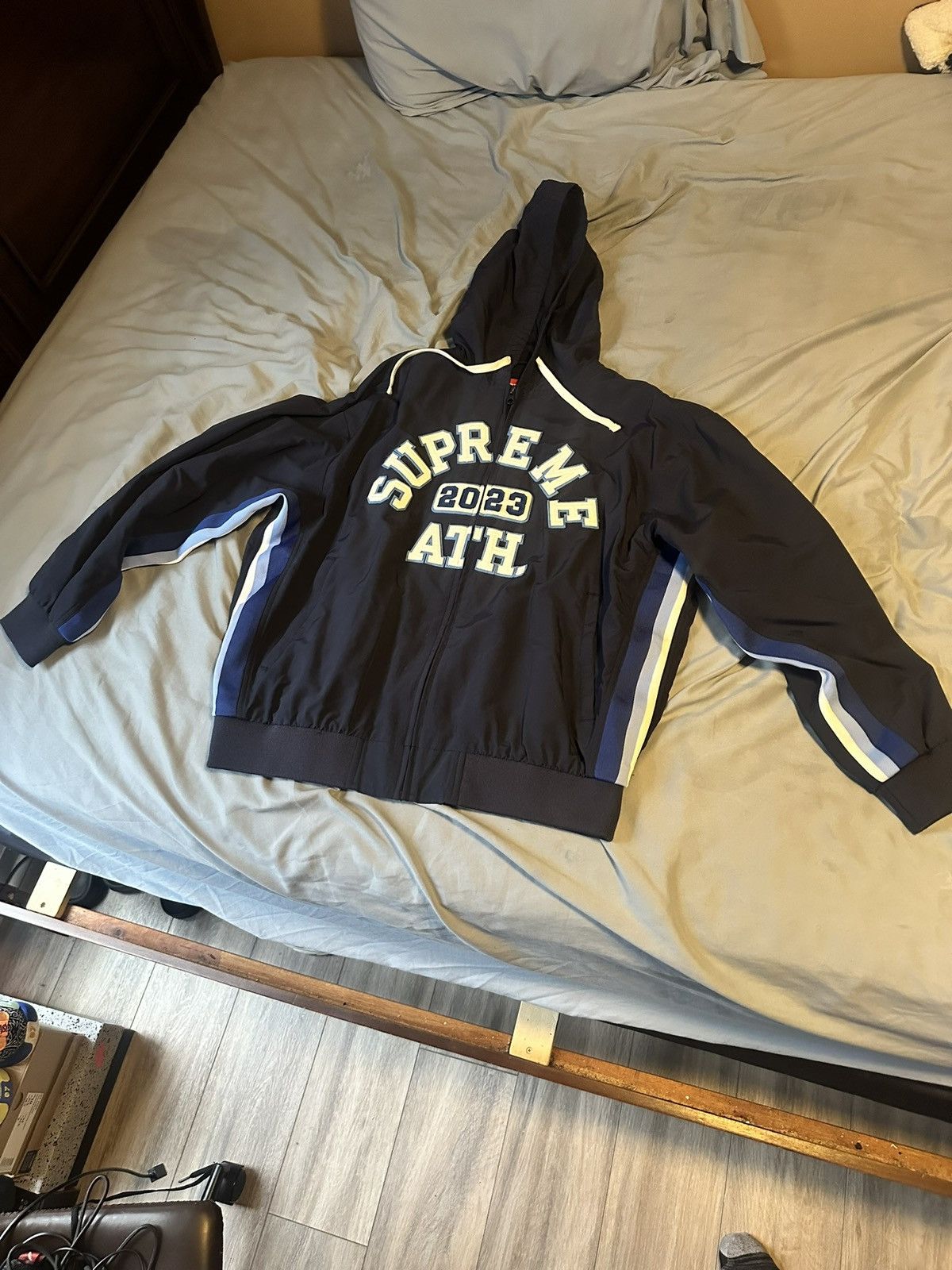 image of Supreme Appliqué Hooded Collegiate Track Jacket Navy Blue, Men's (Size Medium)