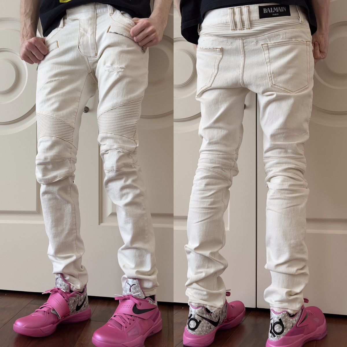 Balmain Balmain x H&M Biker White Coated Jeans | Grailed