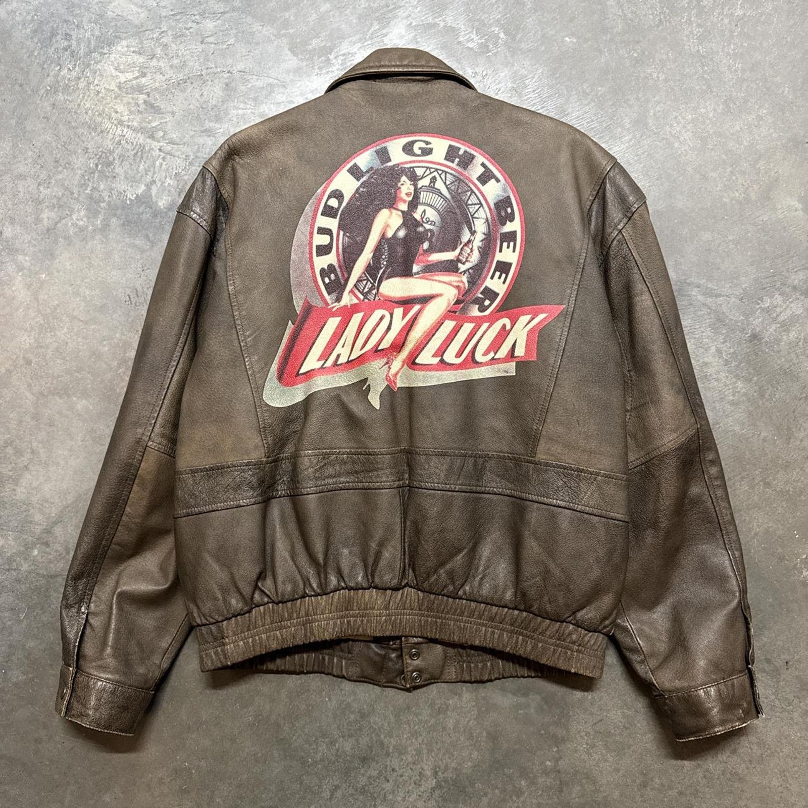 Japanese Brand × Vintage Vintage 90s Bud Light Lucky Strike PinUp Girl Leather Jacket Size US M / EU 48-50 / 2 - 1 Thumbnail