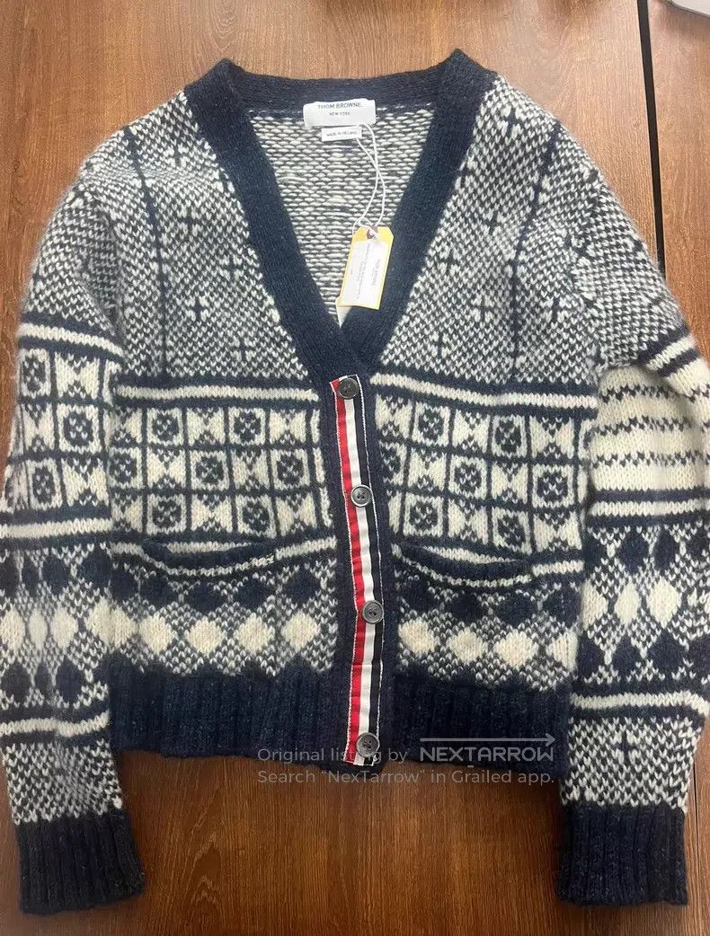 Thom Browne Thom Browne Blue and White Jacquard Wool Knit Cardigan Size US S / EU 44-46 / 1 - 1 Thumbnail