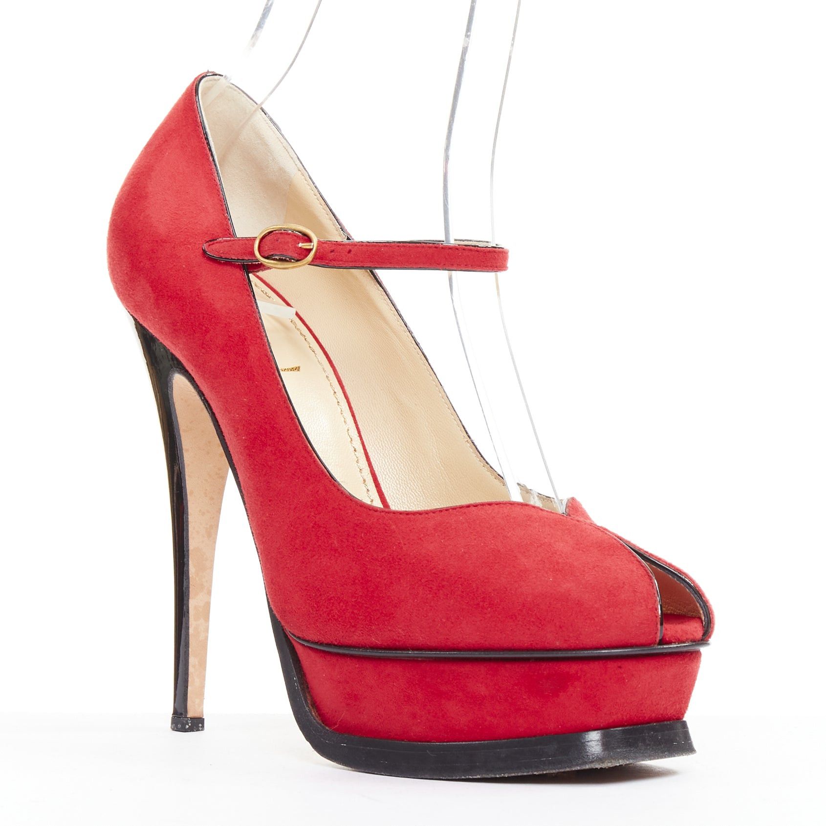 Yves Saint Laurent YVES SAINT LAURENT Rive Gauche Tribute Maryjane red suede tulip peep toe platform heels EU36.5 Size US 6.5 / IT 36.5 - 1 Thumbnail
