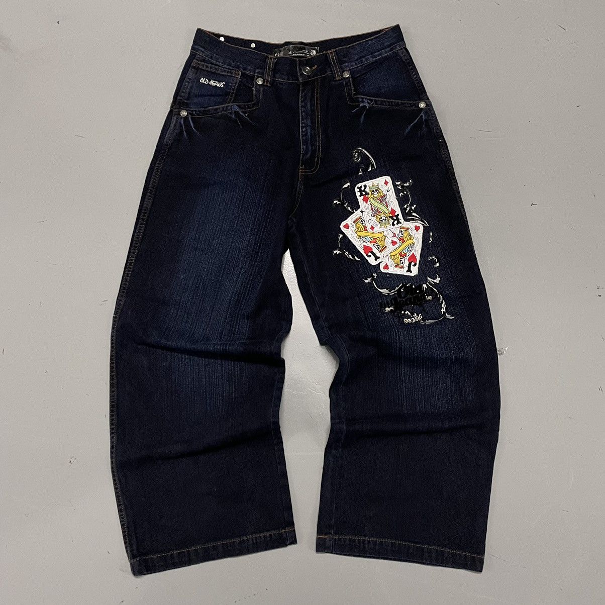 image of Crazy Vintage Y2K Jnco Style Playing Card Baggy Wide Denim in Navy, Men's (Size 34)