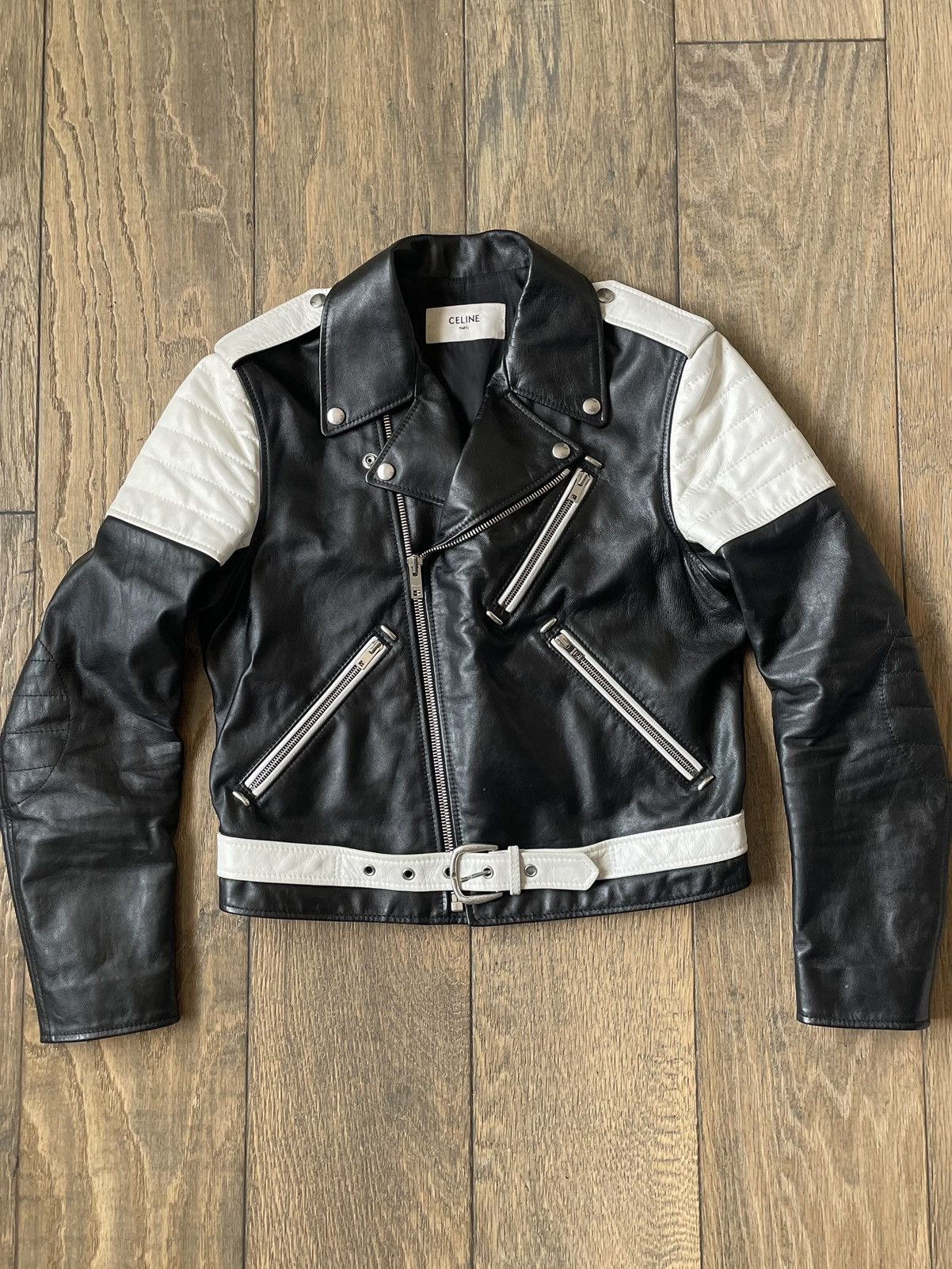 image of Celine Motorcycle Leather Jacket in Black/White, Men's (Size Medium)