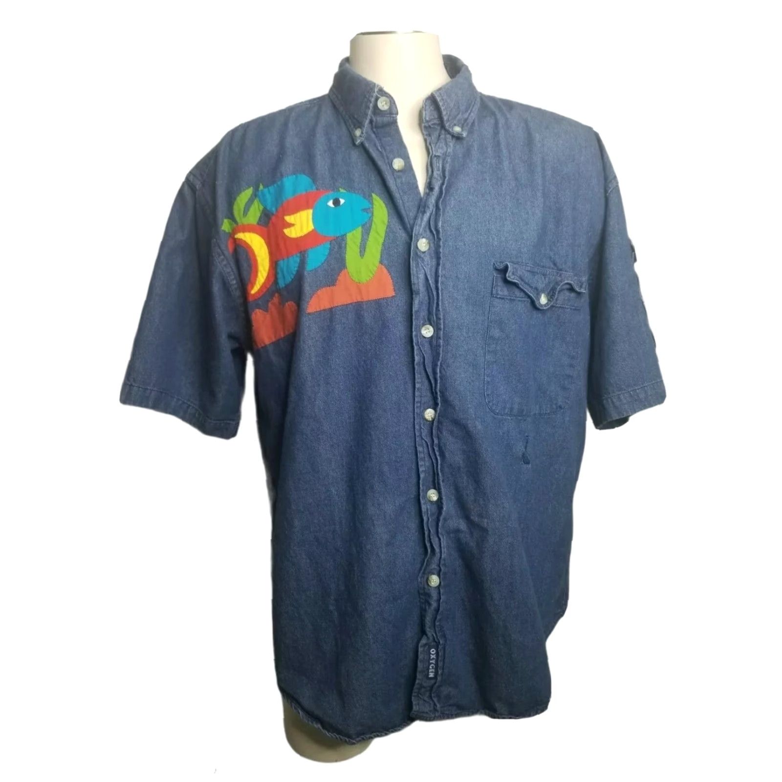 Vintage VINTAGE Oxygen Denim Shirt Mens L Wing Collar Embroidered Fish Button-Up 1990s Blue Short Sleeve 70s 80s 90s Mens Size L / US 10 / IT 46 - 2 Thumbnail