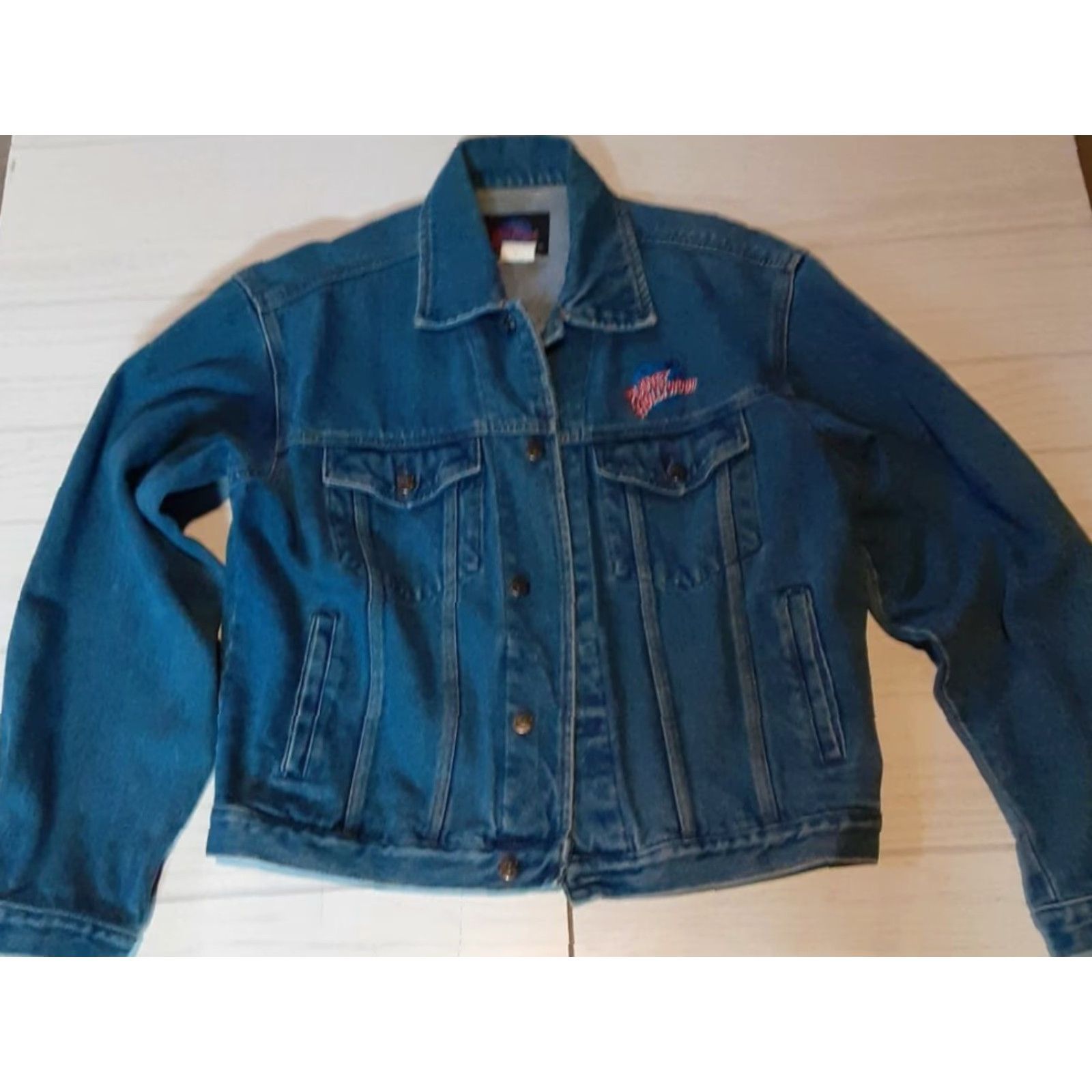 Vintage VINTAGE Planet Hollywood jeans jacket Bomber Jacket Men Medium Blue 80s Embroidered Cotton All Seasons Size US 31 - 2 Thumbnail