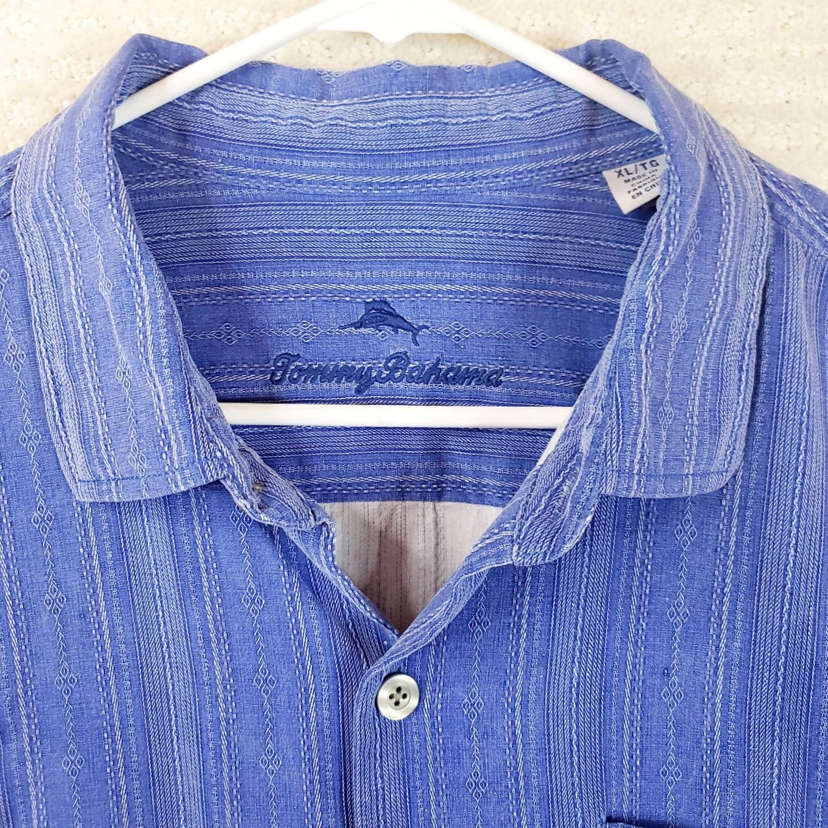 Tommy Bahama Tommy Bahama XL Blue Silk Denim Look Button-Up Shirt Striped Short Sleeve Embroidered Pocket Vintage Not Required Mens Casual Beach Coastal 90s Theme Size US XL / EU 56 / 4 - 5 Thumbnail