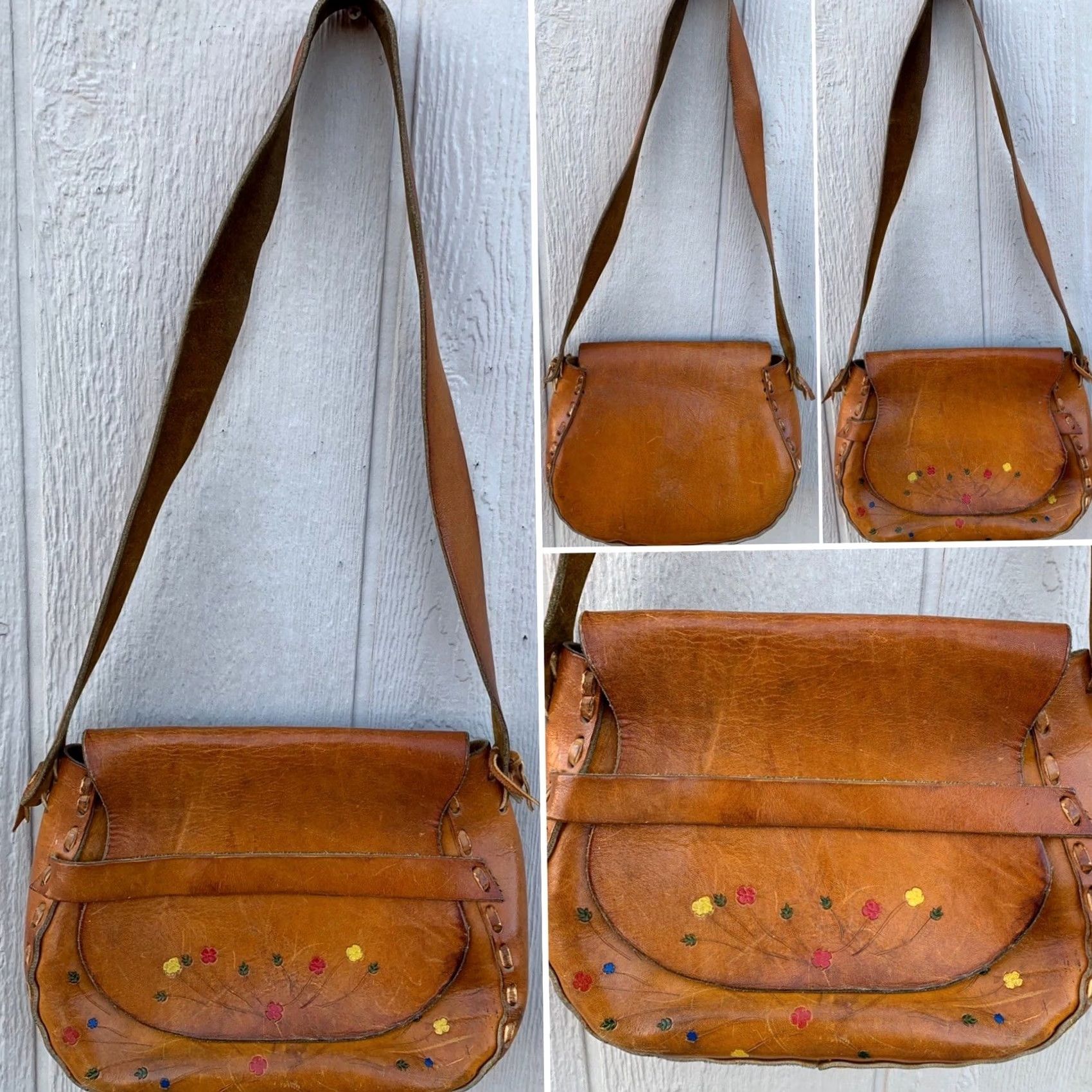 Vintage VINTAGE Leather Purse Tooled Floral Painted Shoulder Bag Hippie Chic Boho Hippy Women Brown 1970s Size ONE SIZE - 5 Thumbnail