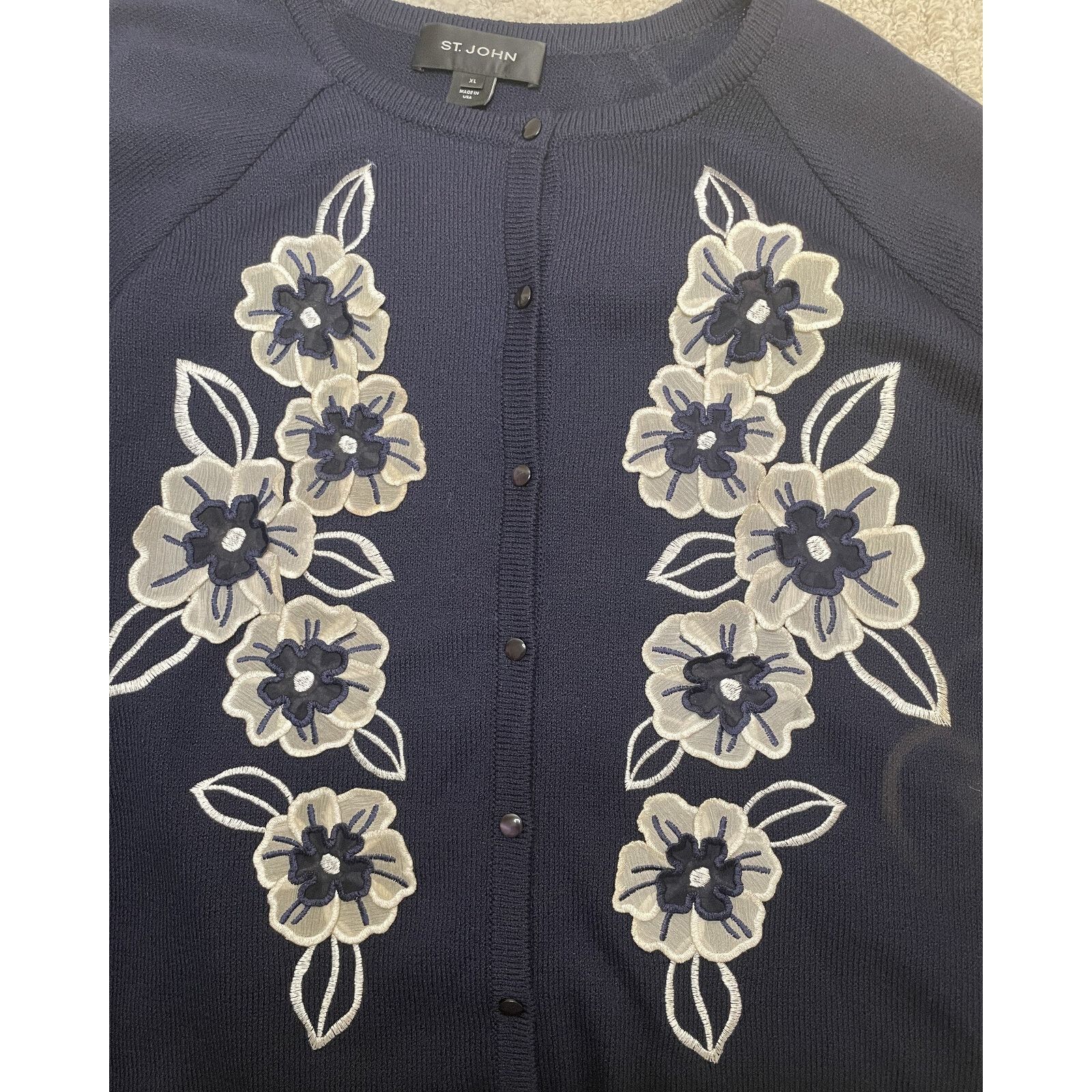 St. John St John Navy Blue White Floral Trim Cardigan Sweater XL Size XL / US 12-14 / IT 48-50 - 10 Thumbnail