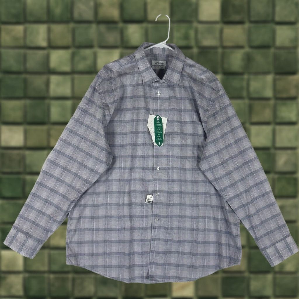 Calvin Klein Calvin Klein Dress Shirt Mens 17.5 XL Regular Fit Wrinkle Free Stretch Blue Plaid Shirt Mens Ladies? No. Size 48R - 1 Thumbnail