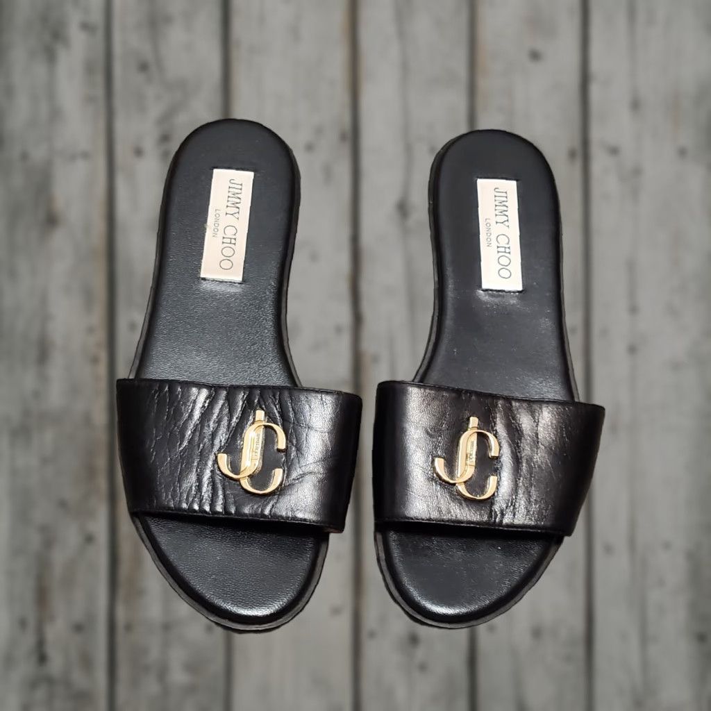 Vintage Jimmy Choo Sandal Slide Womens Leather Open Toe Flat Black 36.5 With Box Dust Bag Logo Accents Leather Insole Open Toe Slide 6.5 US 36.5 EU Vintage No Size ONE SIZE - 1 Thumbnail