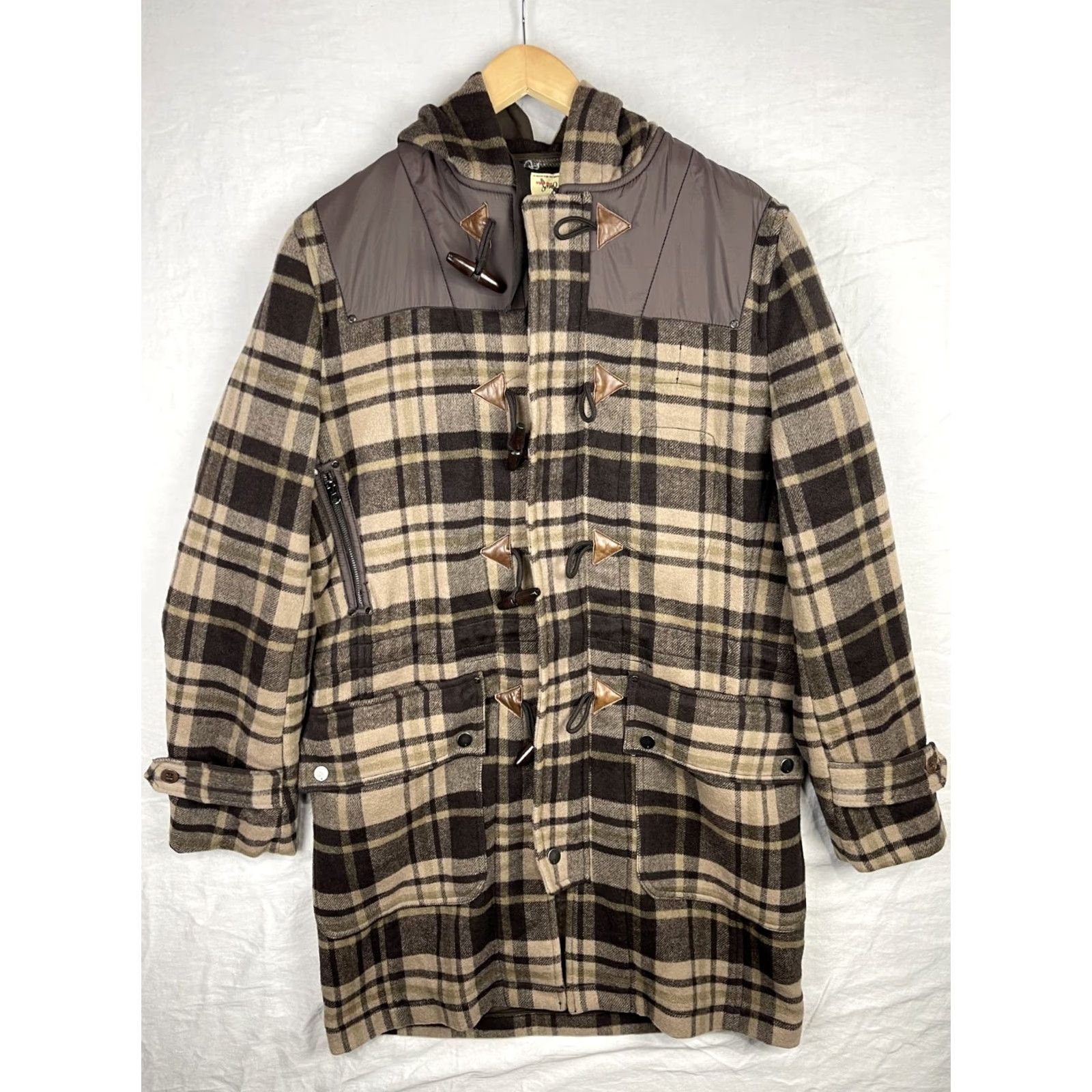 Vintage VINTAGE Triple Five Soul Duffle Coat Womens XL Brown Tan Plaid Wool Hooded Toggle Jacket Size XL / US 12-14 / IT 48-50 - 2 Thumbnail