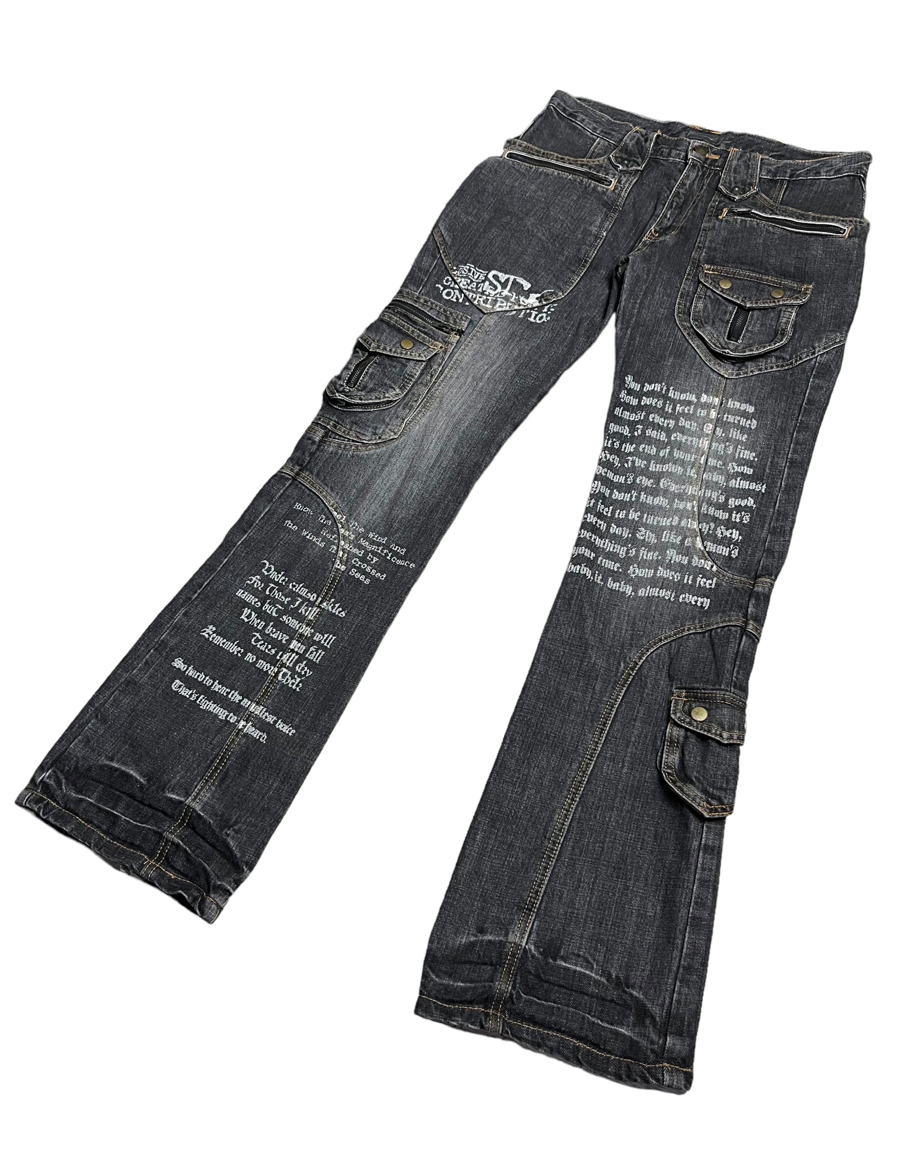 Japanese Brand 🔥EVOLUTION Retro Punk Poems Multipocket Flare Denim Jeans Size US 31 - 5 Thumbnail