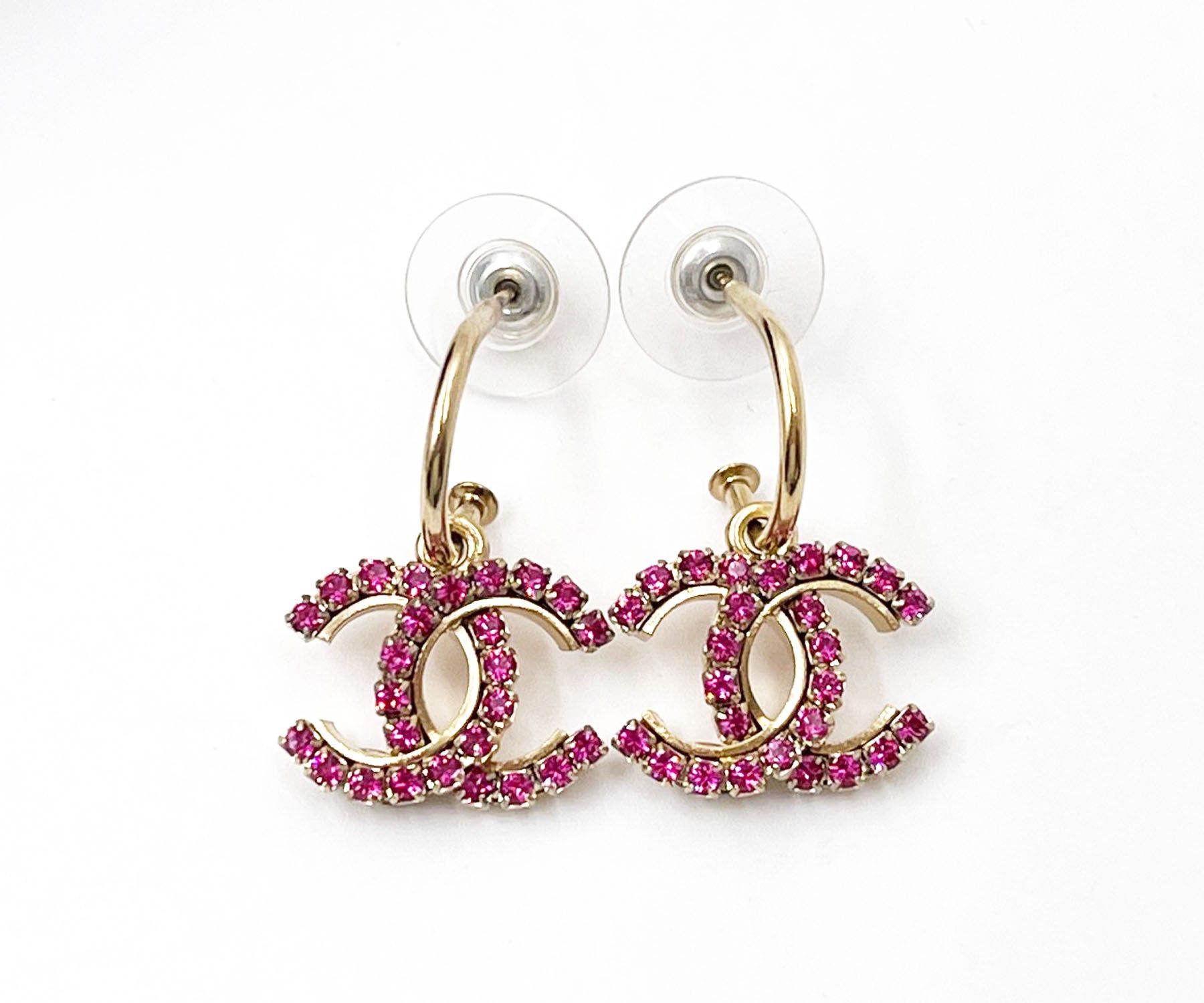 image of Chanel Gold Plated Cc Fuchsia Crystal Hoop Piercing Earrings, Women's
