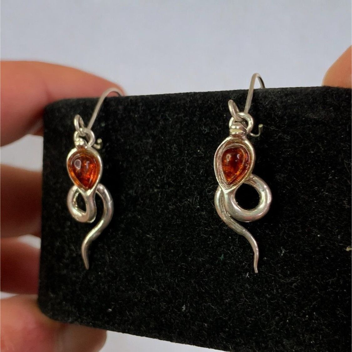 Designer Sterling Silver 925 Snake Drop Dangle Earrings With Amber Size ONE SIZE - 4 Thumbnail