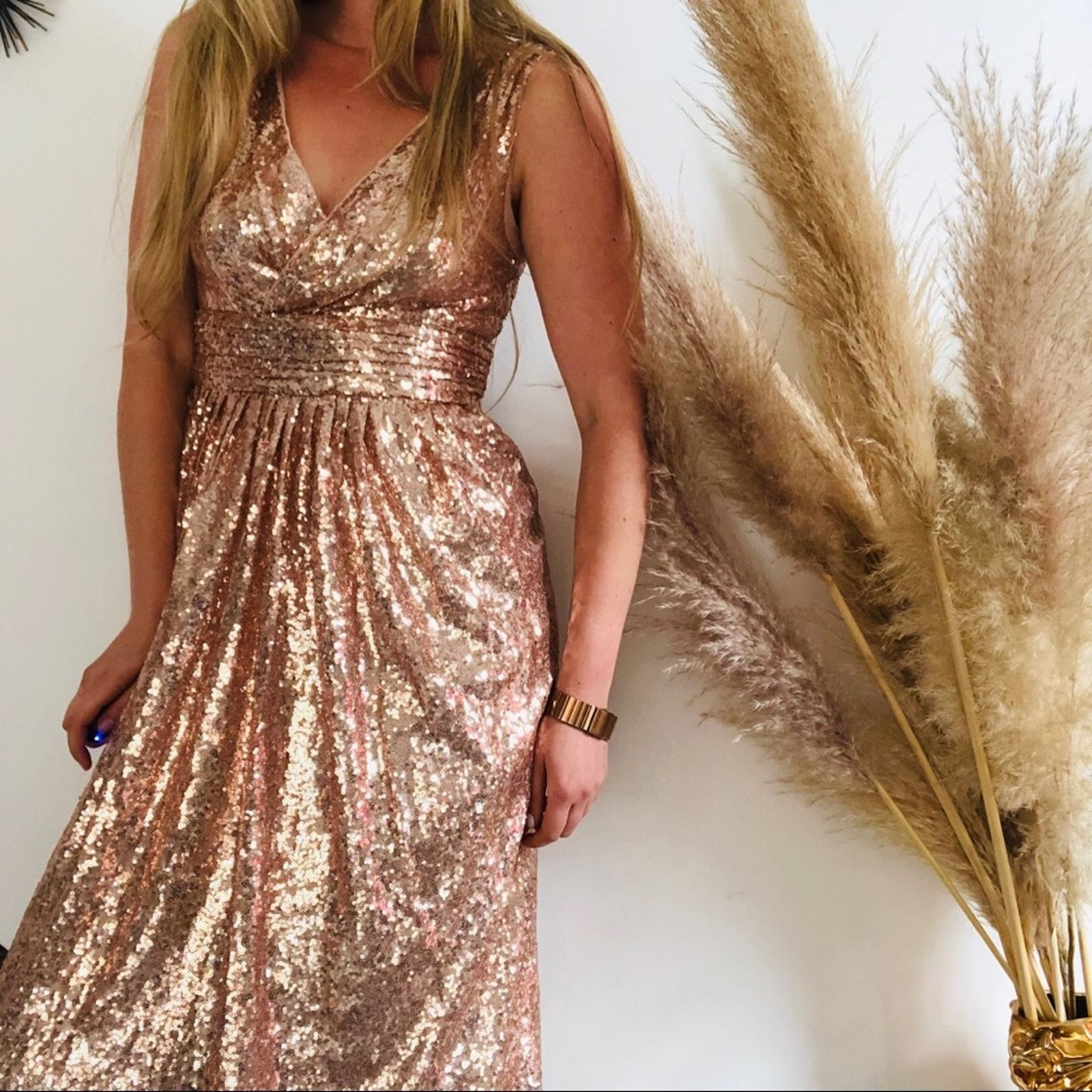 Nordstrom NEW KATE KASIN Pink Rose Gold Sequin Sparkle Maxi Gown Dress Size L / US 10 / IT 46 - 4 Thumbnail