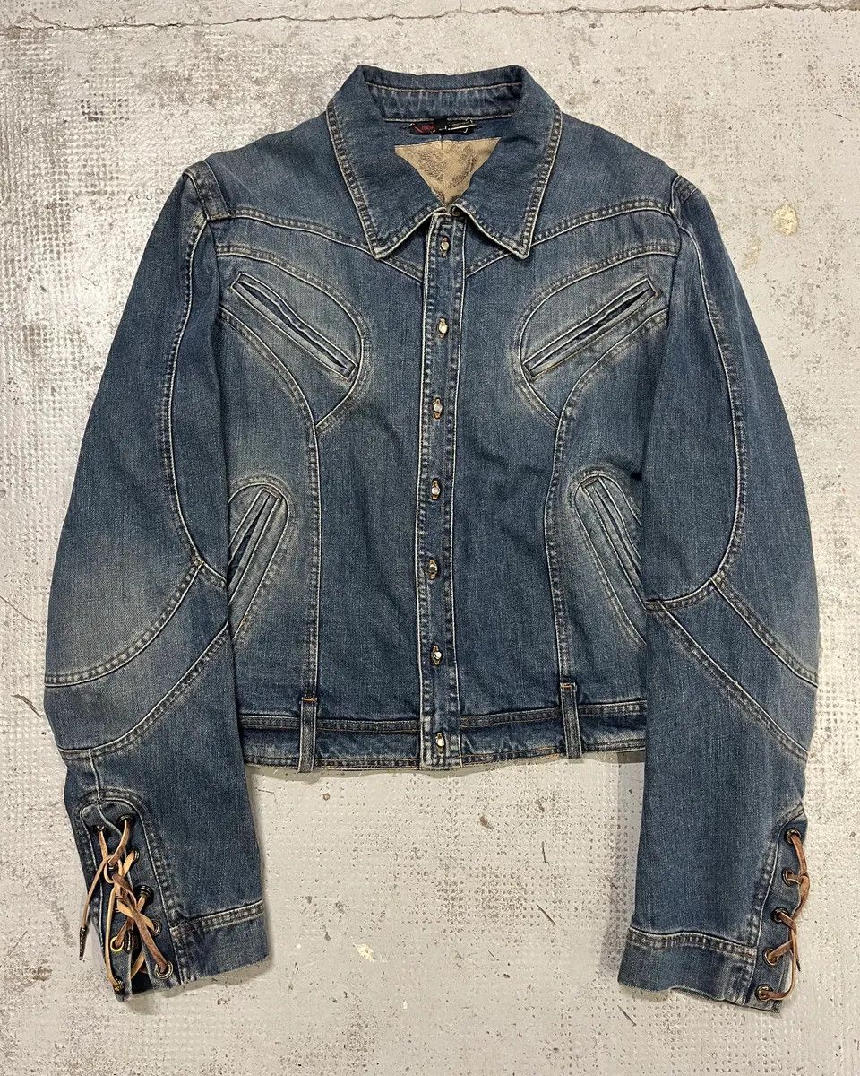Roberto Cavalli SS2002 Roberto Cavalli Structured Laced Arm Blue Denim Jacket Size US M / EU 48-50 / 2 - 1 Thumbnail