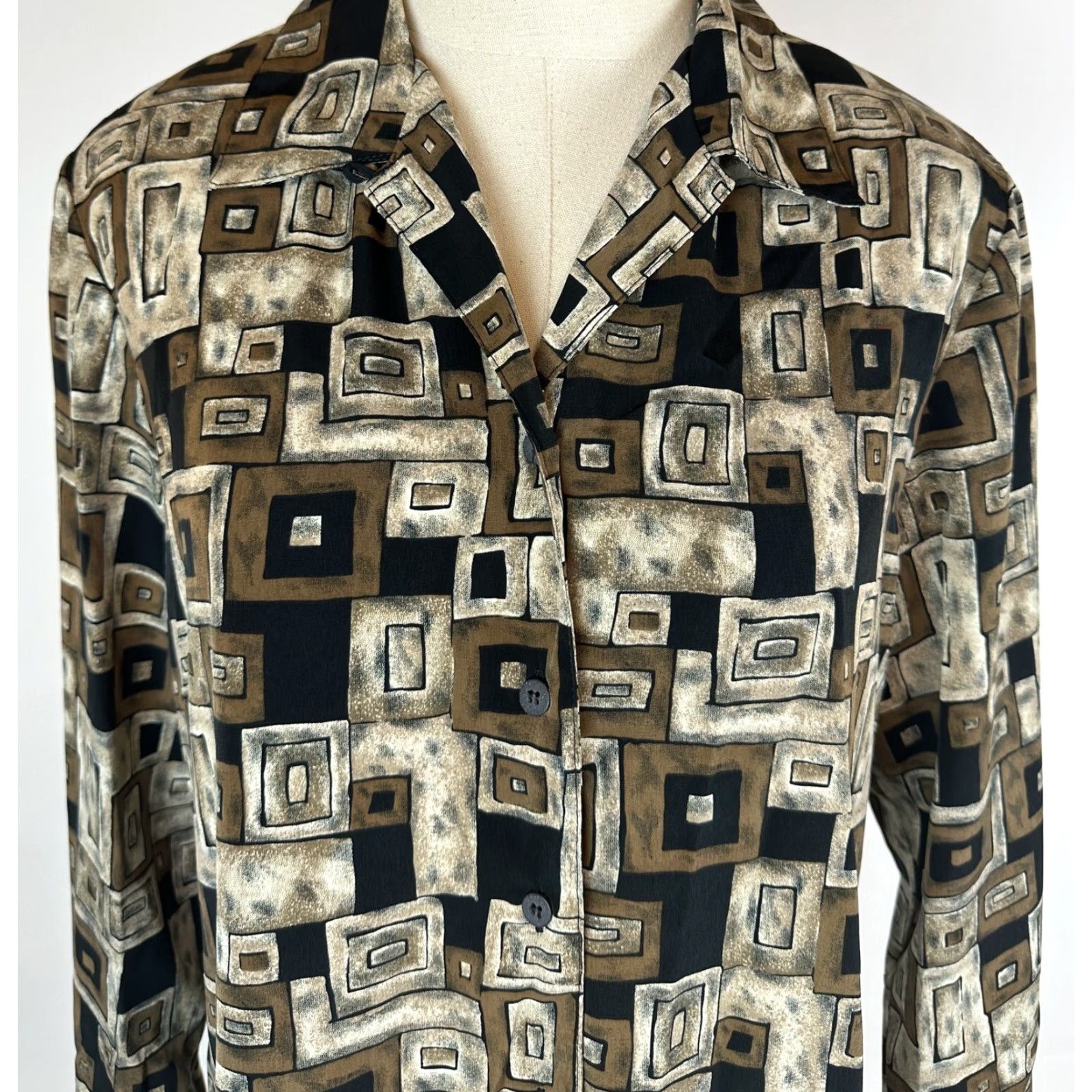 Vintage VINTAGE Notations Geometric Print Shirt Brown 90s Boxy Fit Collared Long Sleeve Blouse Women Medium Size M / US 6-8 / IT 42-44 - 2 Thumbnail