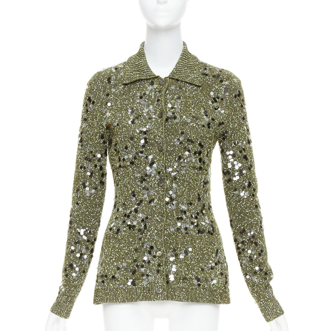 GUCCI De Sarno dark green boucle knit multi pailettes cardigan S