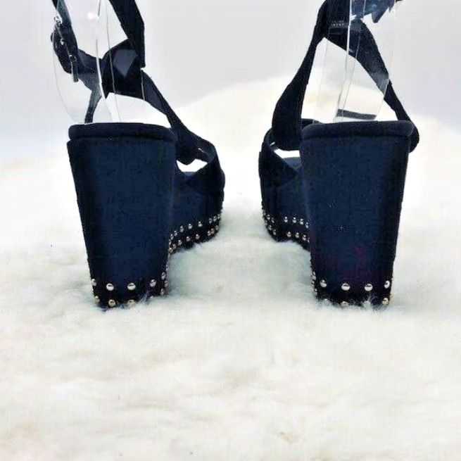 Vintage VINTAGE NewbarK Maggie Wedge Platform Wrap Strap Black Suede Studded Size 7M Womens Open Toe Heel 4" Buckle Closure Platform Shoes Size US 7 / IT 37 - 3 Thumbnail