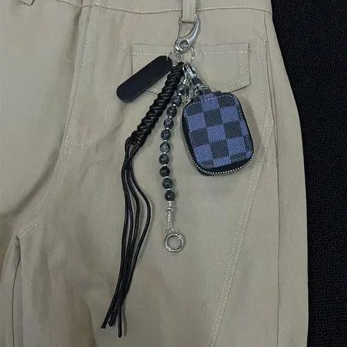 Jewelry Black Checkered Keychain with Tassel and Beads Size ONE SIZE - 3 Thumbnail