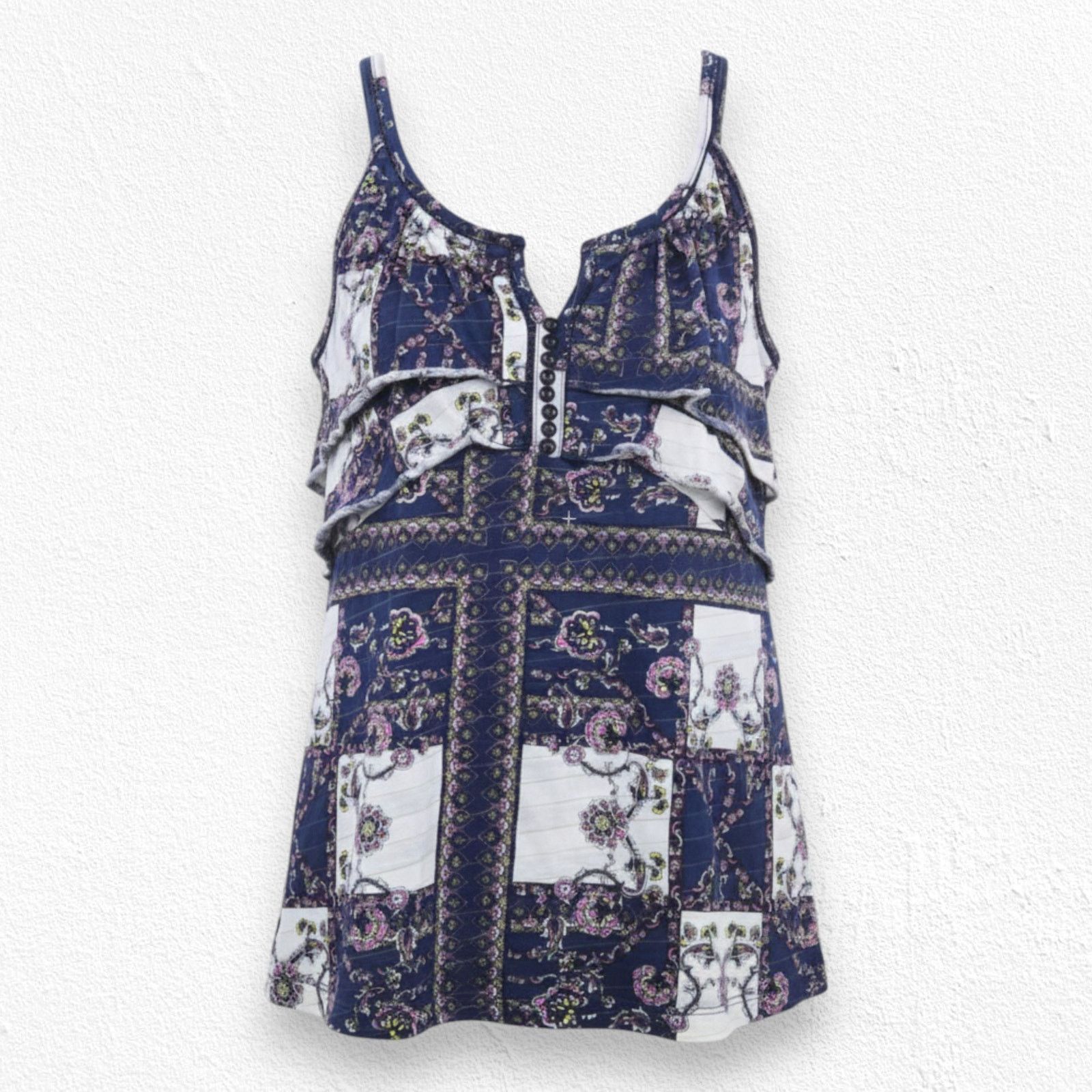 Anthropologie Blue Boho Printed Ruffle Button Front Tank Top Size Small Size S / US 4 / IT 40 - 1 Thumbnail