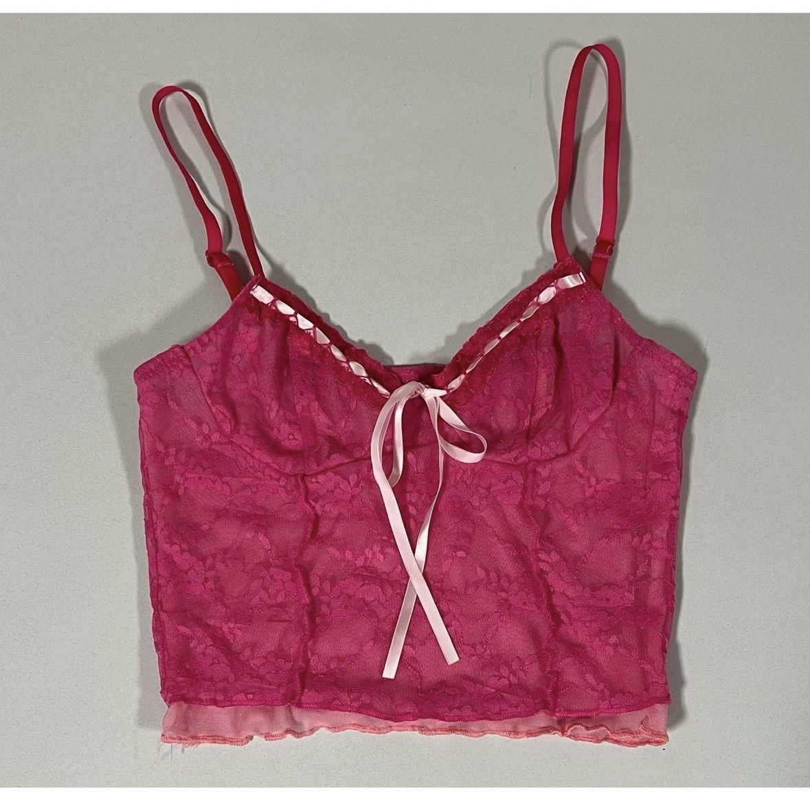 Japanese Brand Pink Floral Lace Mesh Tank Crop Top Shirt Cami Tee Size XS🎀✨ Size XS / US 0-2 / IT 36-38 - 2 Thumbnail