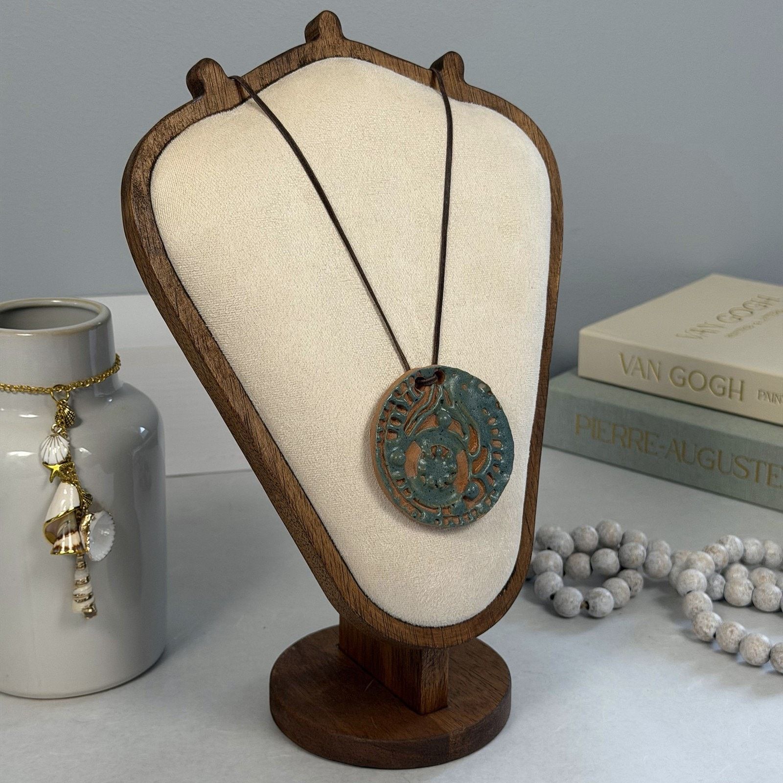 Vintage VTG Boho 1980s Gray-Green Abstract Clay Pendant Necklace 24" Size ONE SIZE - 2 Thumbnail