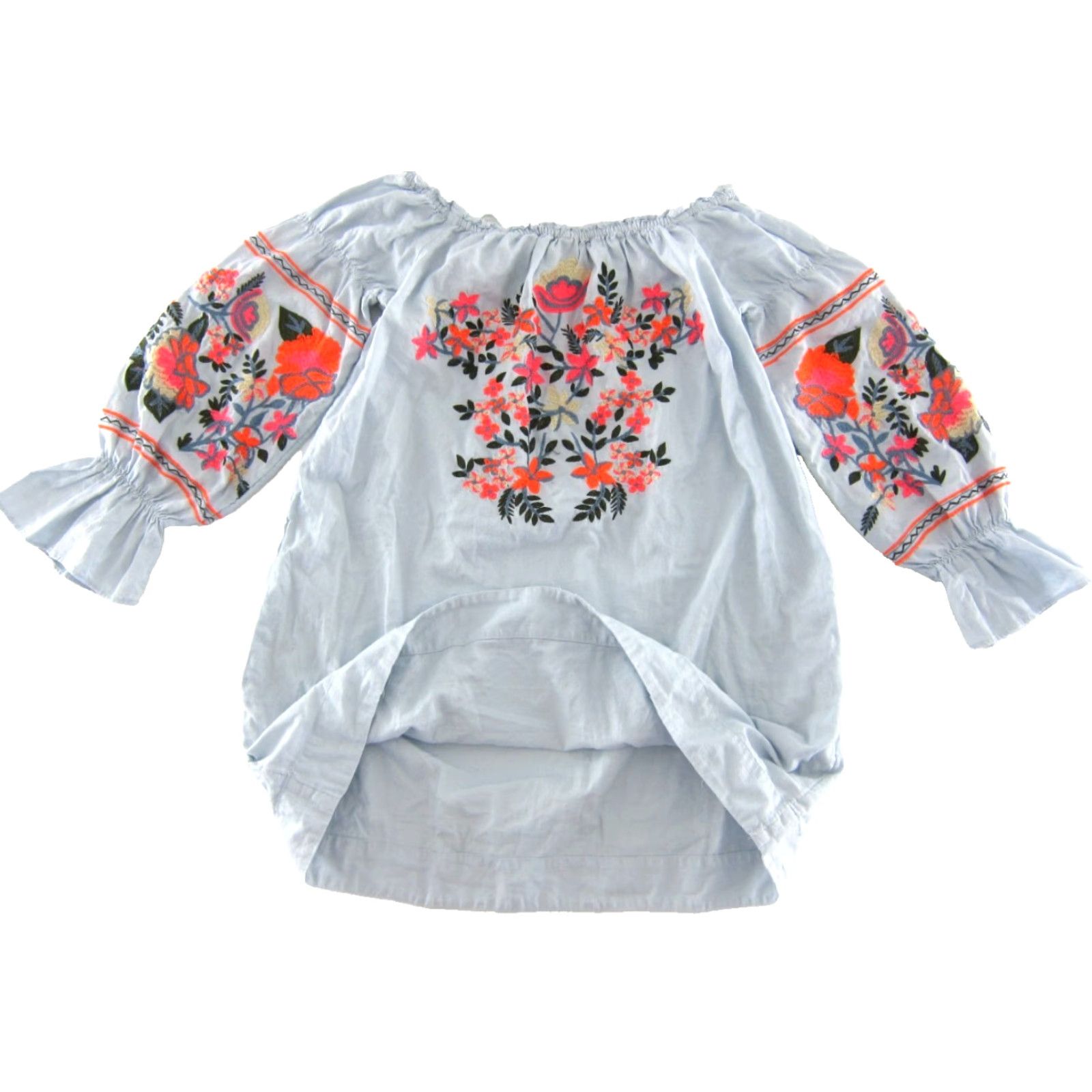 Free People Free People Blouse Shirt S Womens Off Shoulder Blue Floral Cotton Embroidered Pockets 3/4 Sleeve Bohemian 90s Style Size S / US 4 / IT 40 - 5 Thumbnail