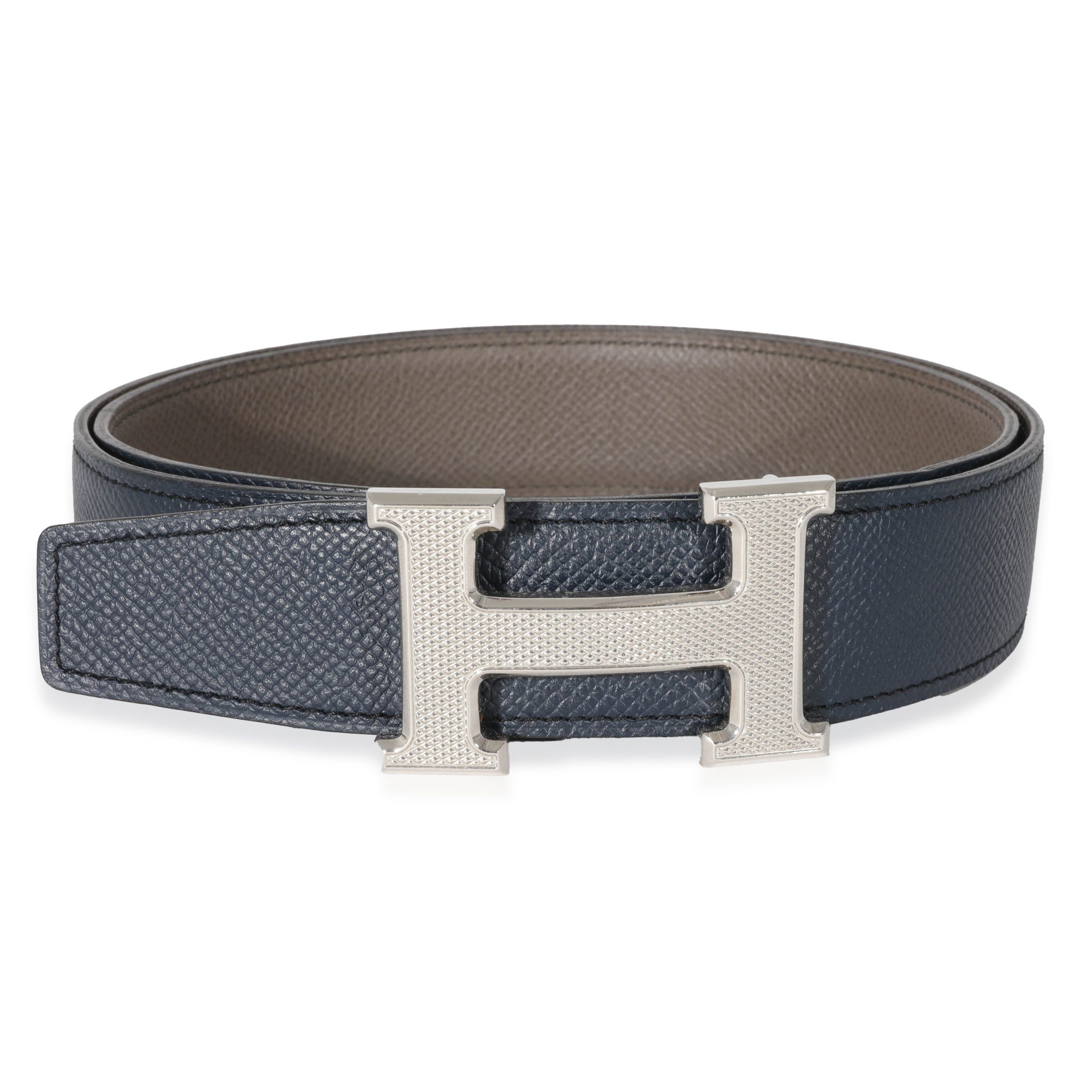 image of Hermes Epsom Etain Bleu De Prusse H Guilloche Belt 80 in Blue, Women's