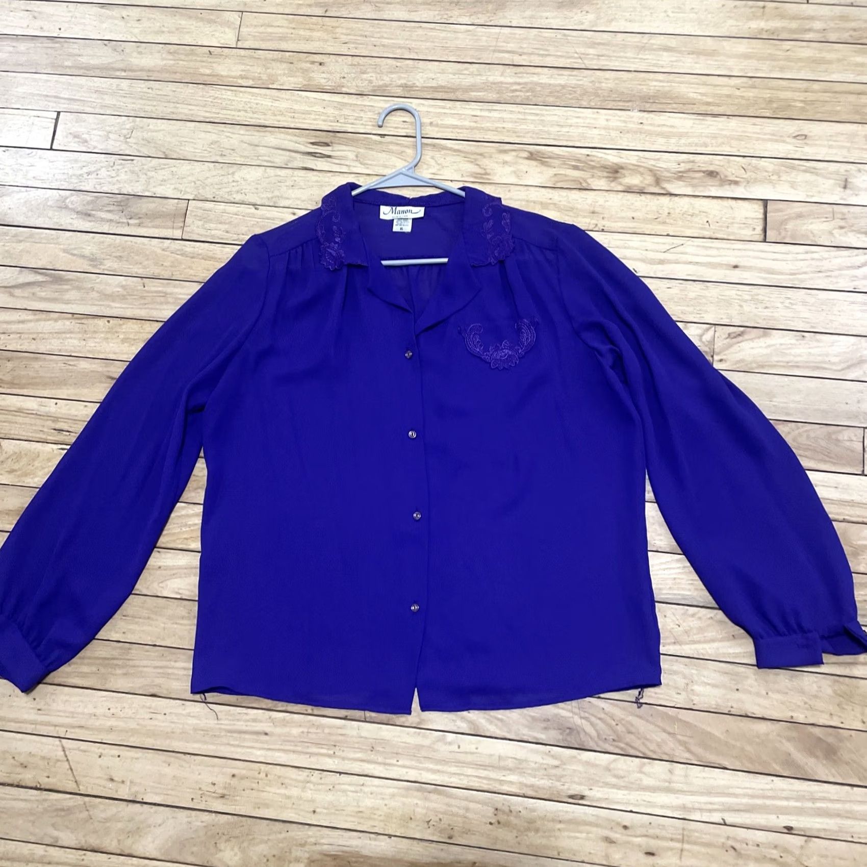 Vintage VINTAGE Manon Made USA Blouse Chiffon Top Women XL Purple Royal Purple Sheer Lace Button Up 1970s USA 70s Womens Size XL / US 12-14 / IT 48-50 - 3 Thumbnail