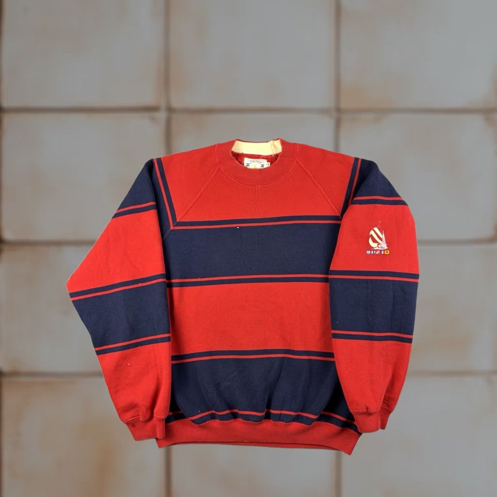 Nautica VINTAGE Nautica Sweatshirt Crewneck Striped Blue Red 90s M Men Little Holes Included Size US M / EU 48-50 / 2 - 1 Thumbnail