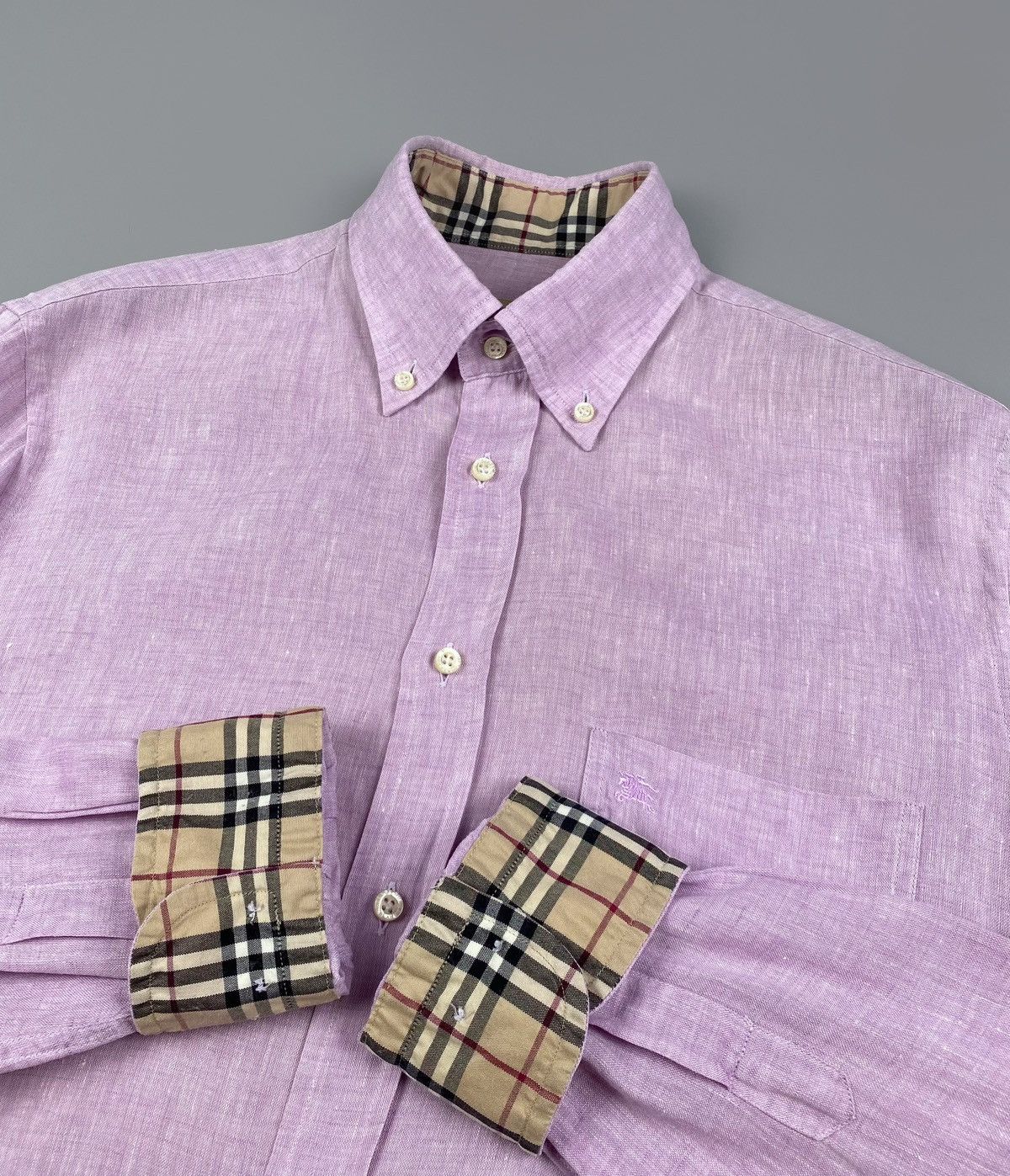 Vintage Burberry London Linen Purple Nova Check Shirt Size M