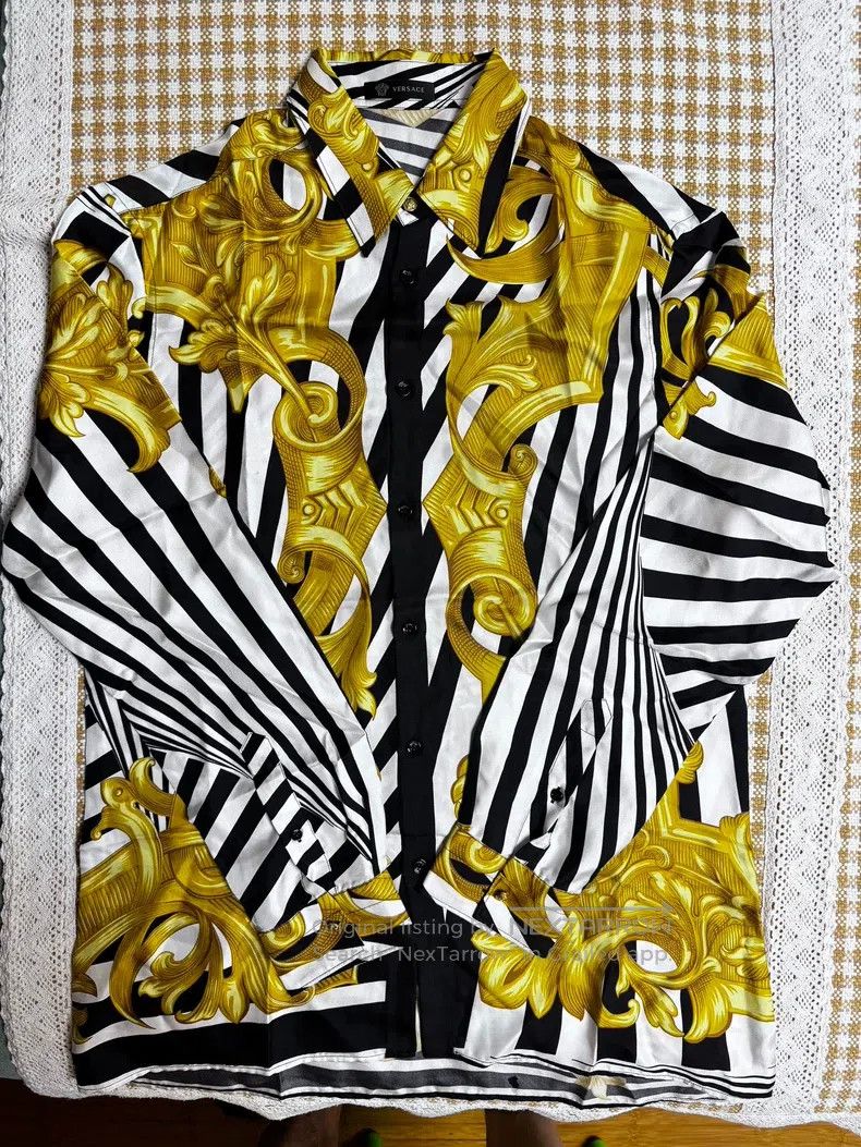 Versace Black and white striped gold leaf shirt