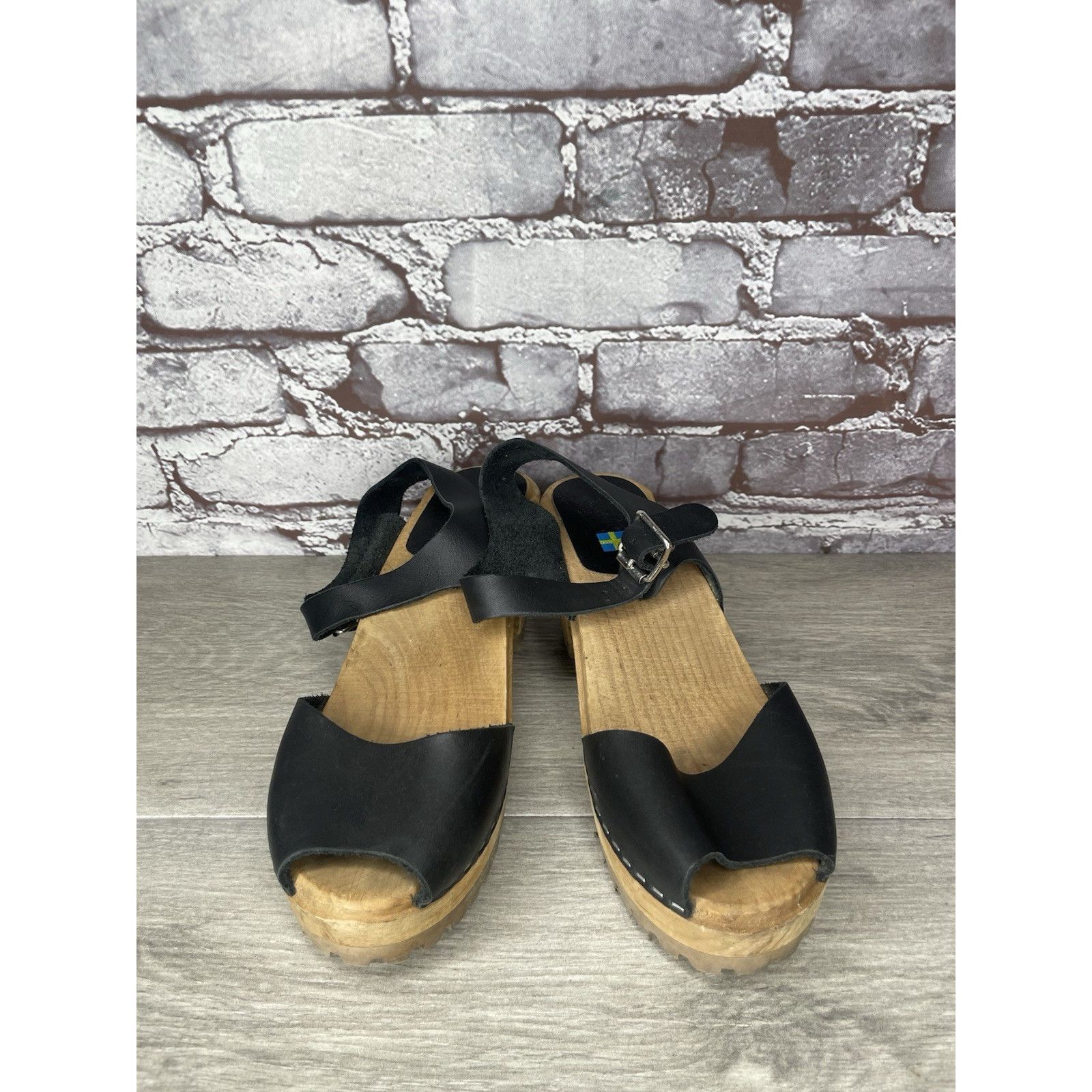 Swedish Hasbeens Swedish Hasbeens Black Leather Wooden Heel Peep Toe Ankle St Size US 7.5 / IT 37.5 - 13 Thumbnail
