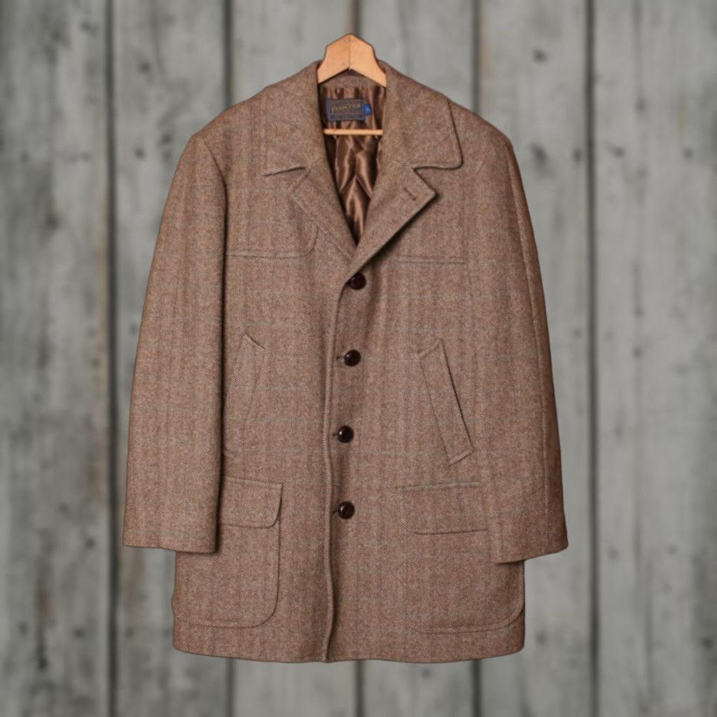 Pendleton VINTAGE Pendleton Brown Herringbone Tweed 100% Wool Quilt Lined Overcoat Sz. 44 Coat Mens Wool Herringbone 1940s 50s 60s 70s Size US S / EU 44-46 / 1 - 1 Thumbnail