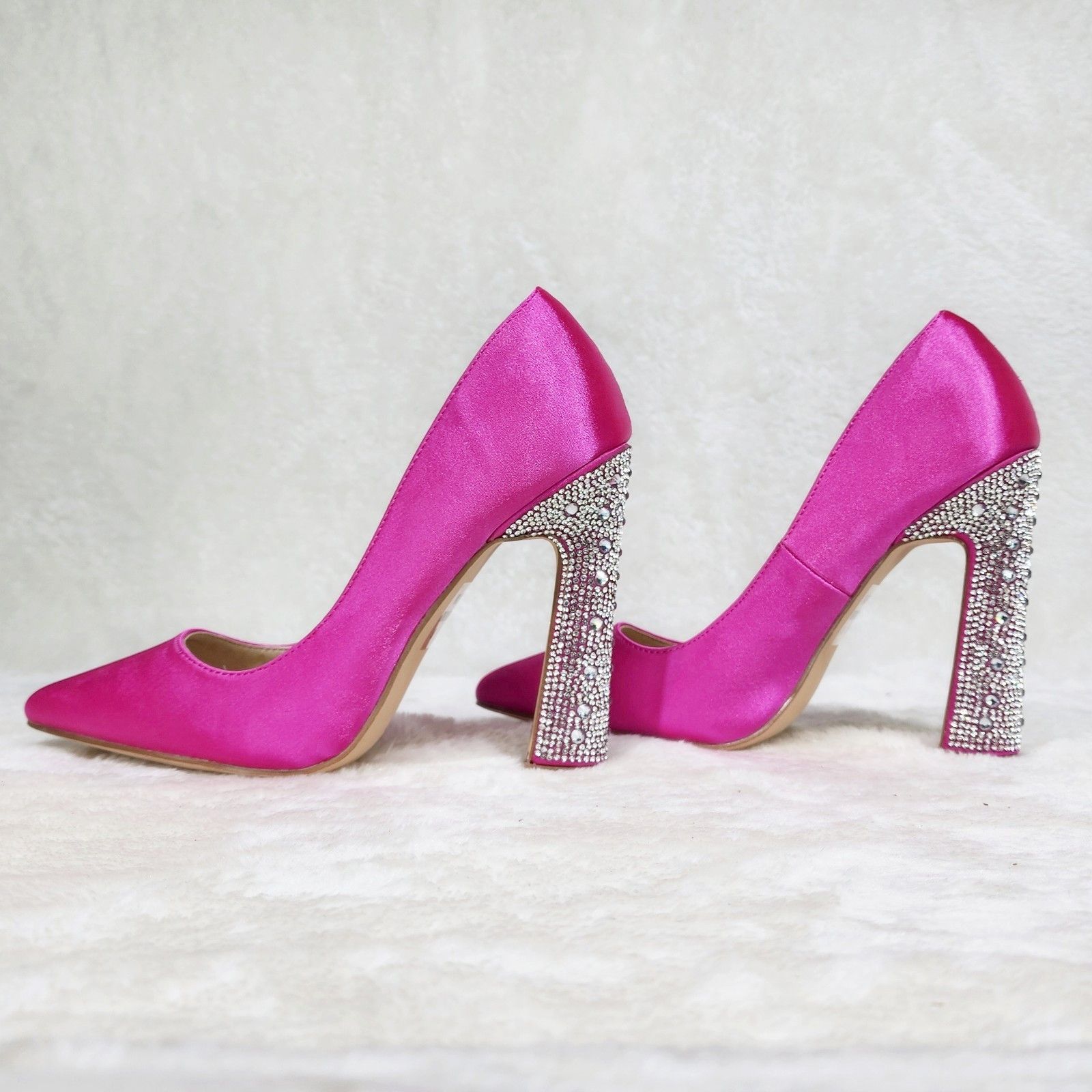 Other Fuchsia Pink Satin Pumps Rhinestone High Heel Party Shoes Size US 5.5 / IT 35.5 - 1 Thumbnail