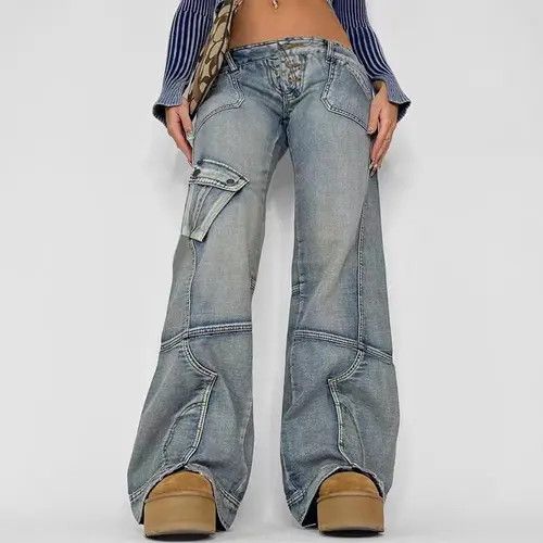 image of Vintage Retro Washed Distressed Irregular Pocket Cargo Jeans in Blue, Women's (Size 26)