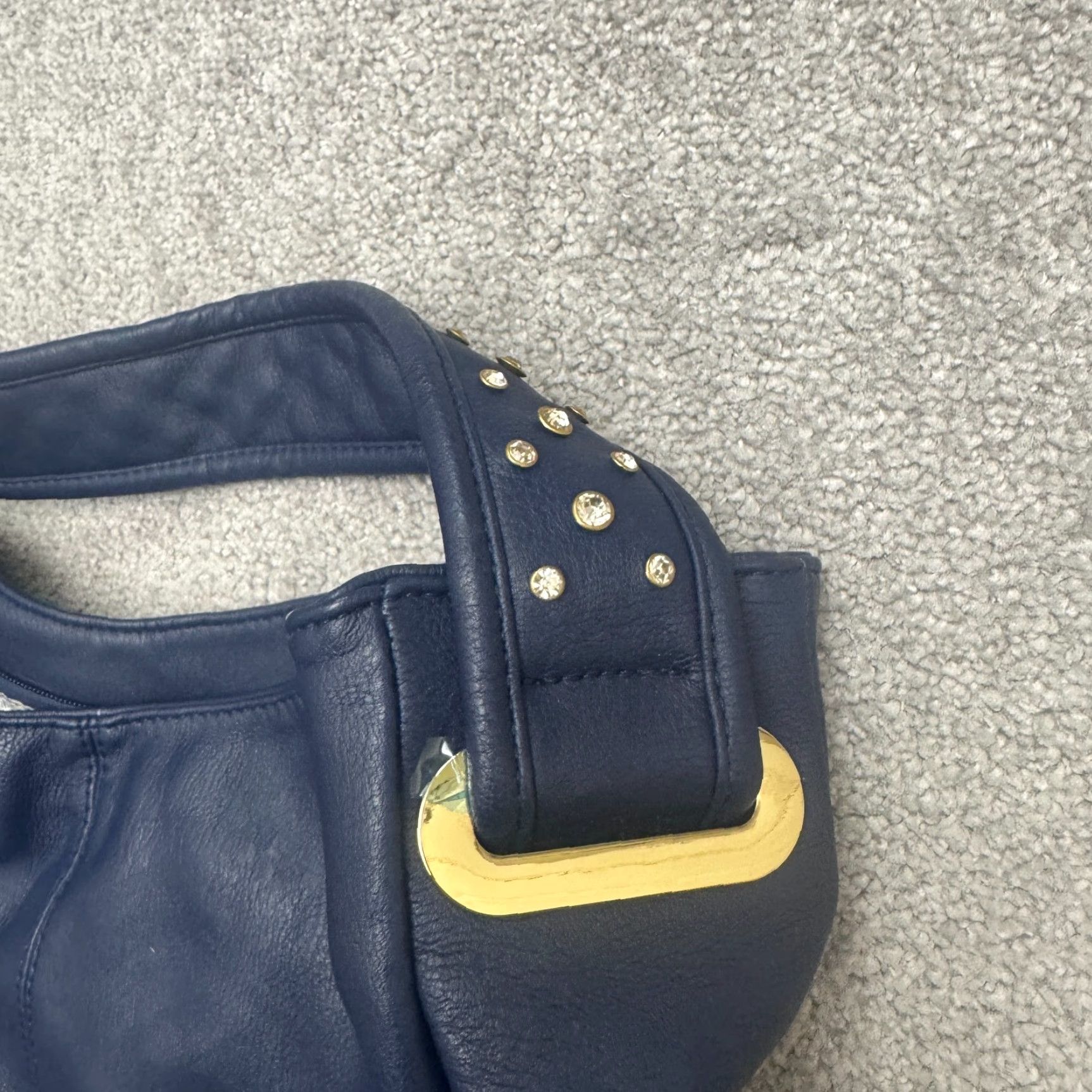 Vintage Imoshion Hobo Bag Women Navy Blue Gold Studded Faux Leather Turn Lock Medium Size ONE SIZE - 7 Thumbnail