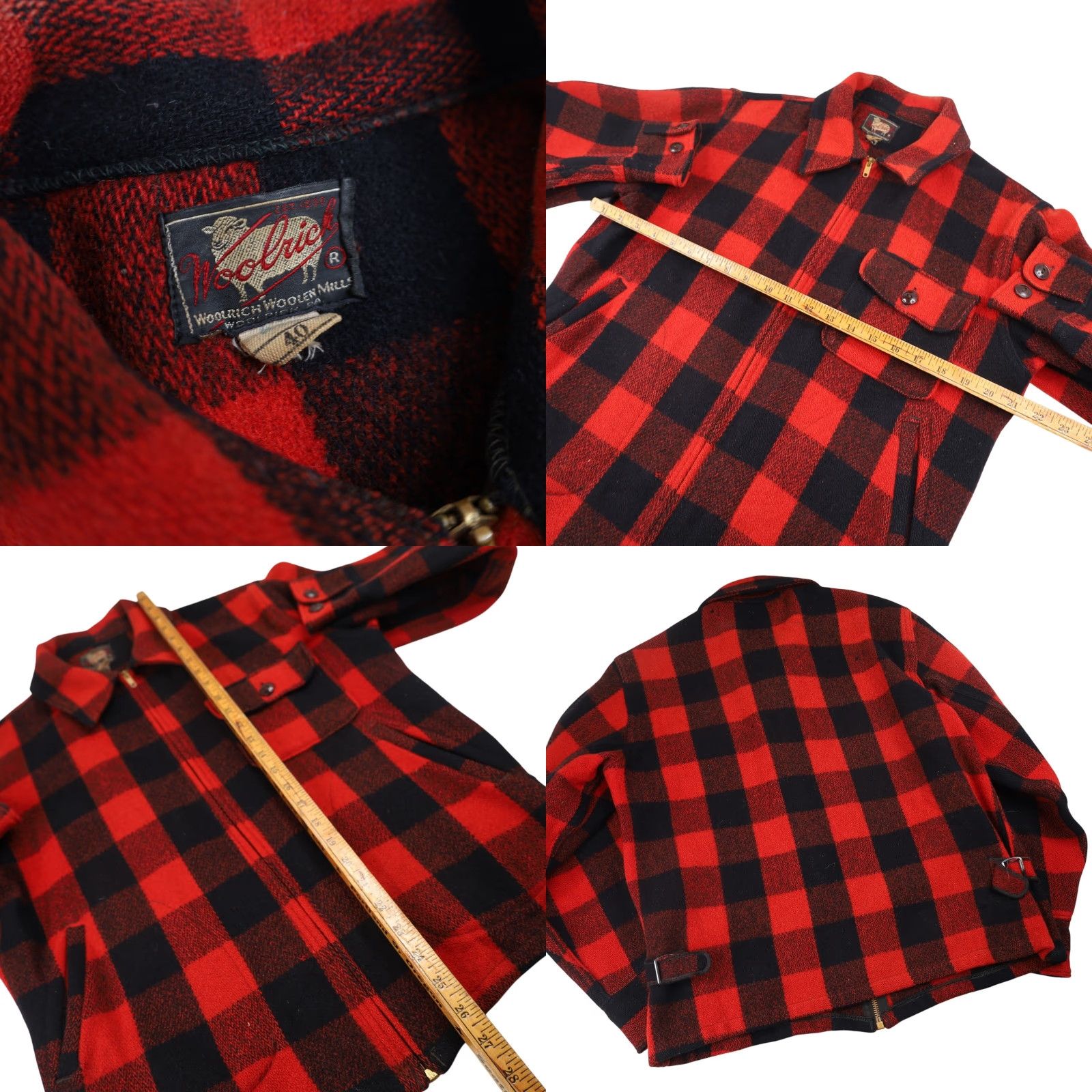 VINTAGE Woolrich Wool Shirt Jac Buffalo Plaid Mens M Red 40s/50s Talon Zipper 8/10