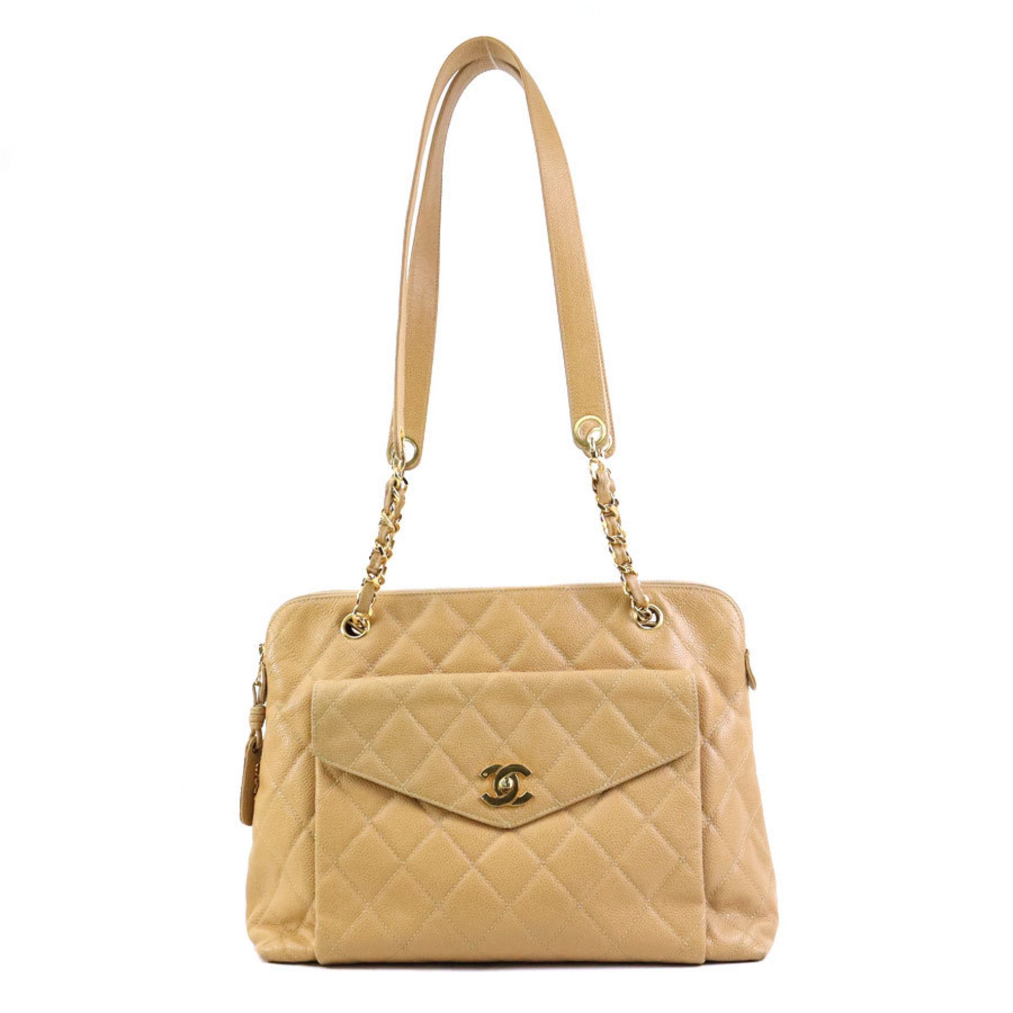 Chanel Shoulder Bag Matelasse Caviar Skin Leather Beige Gold Women's W1123G