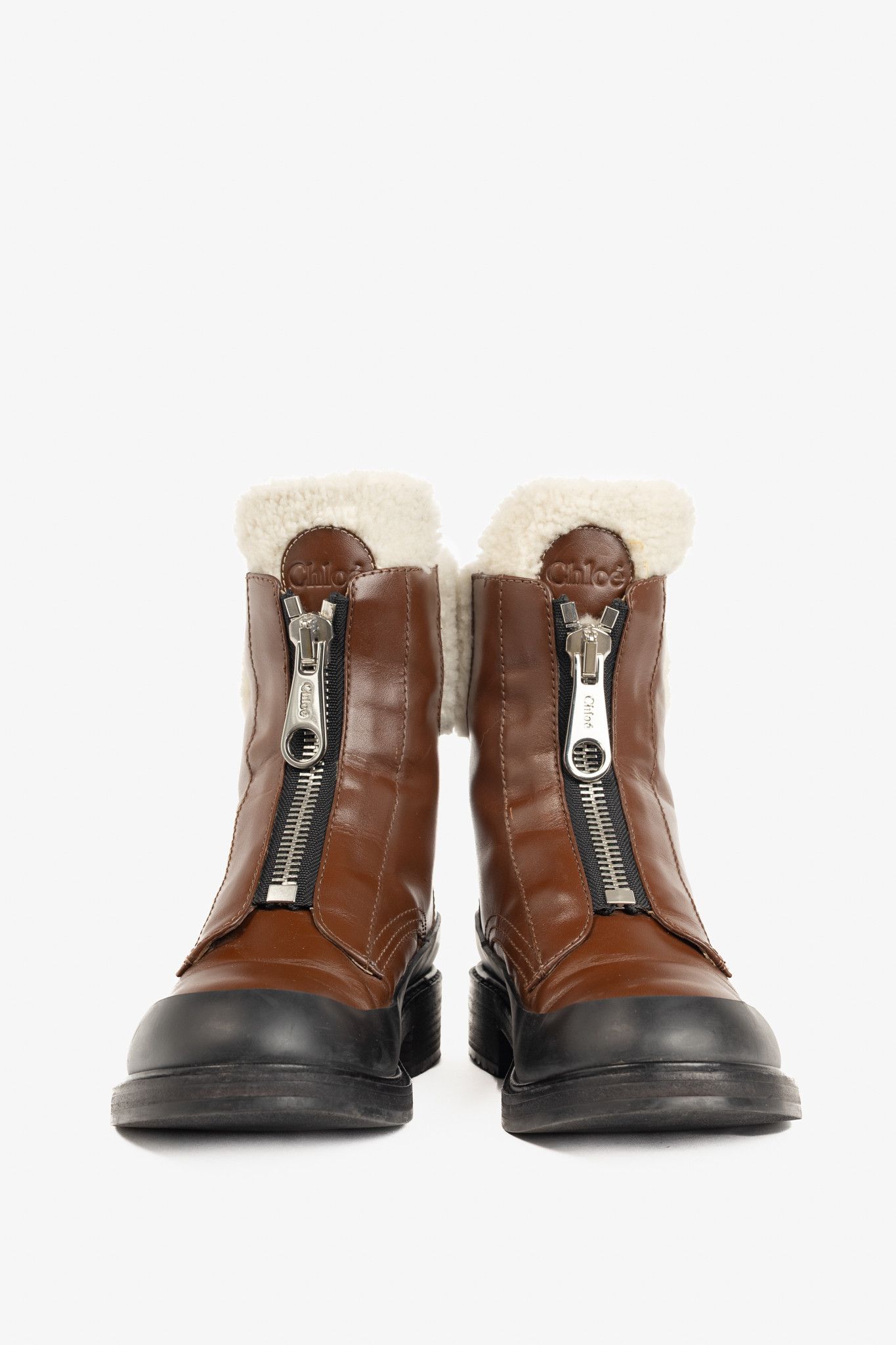 Chloe Chloe Roy Bark Brown Leather Zip-Front Shearling Boots Size US 9 / IT 39 - 2 Thumbnail
