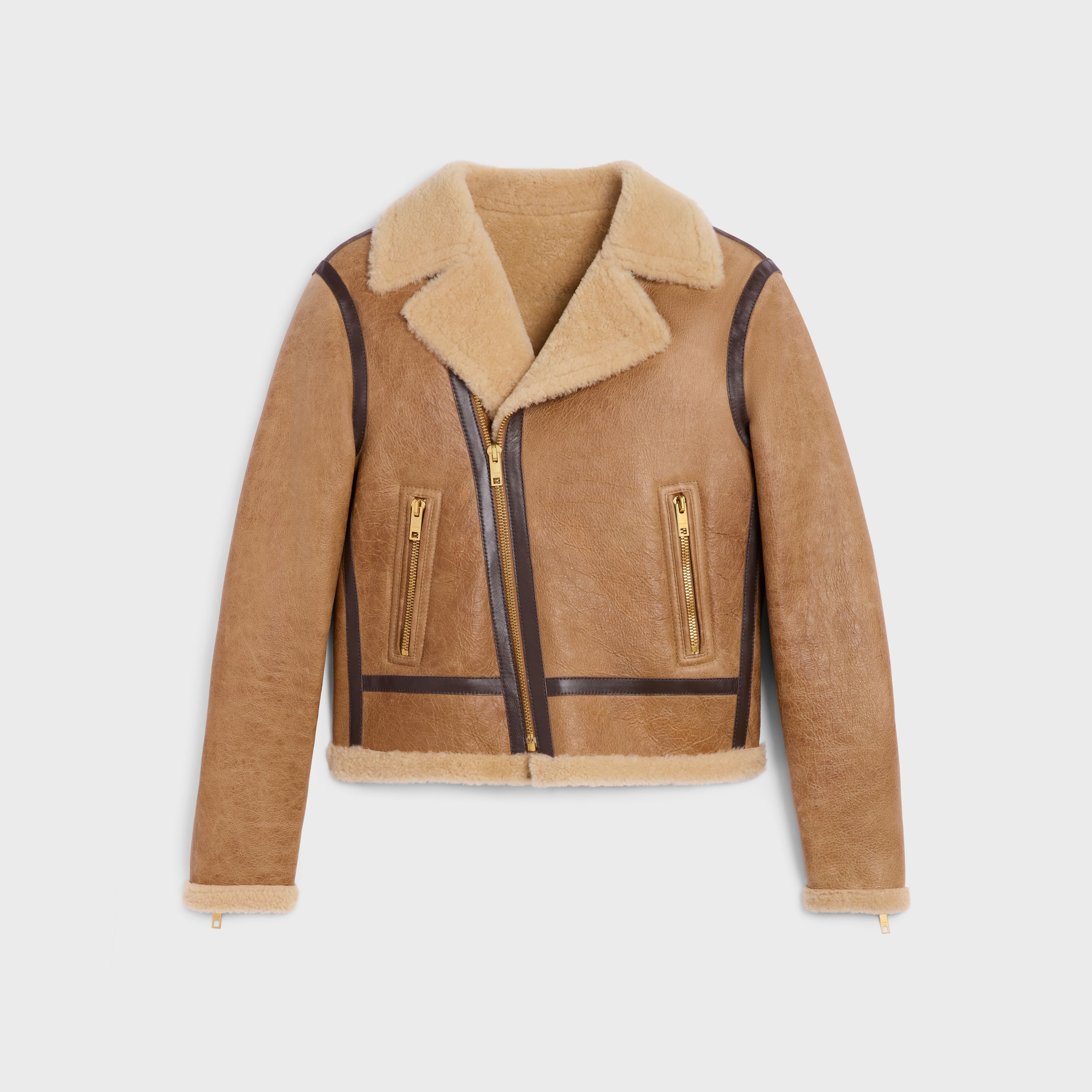 Celine o1bcso1str0925 2EG23644V Biker Jacket in Camel/Cream Size S / US 4 / IT 40 - 1 Thumbnail