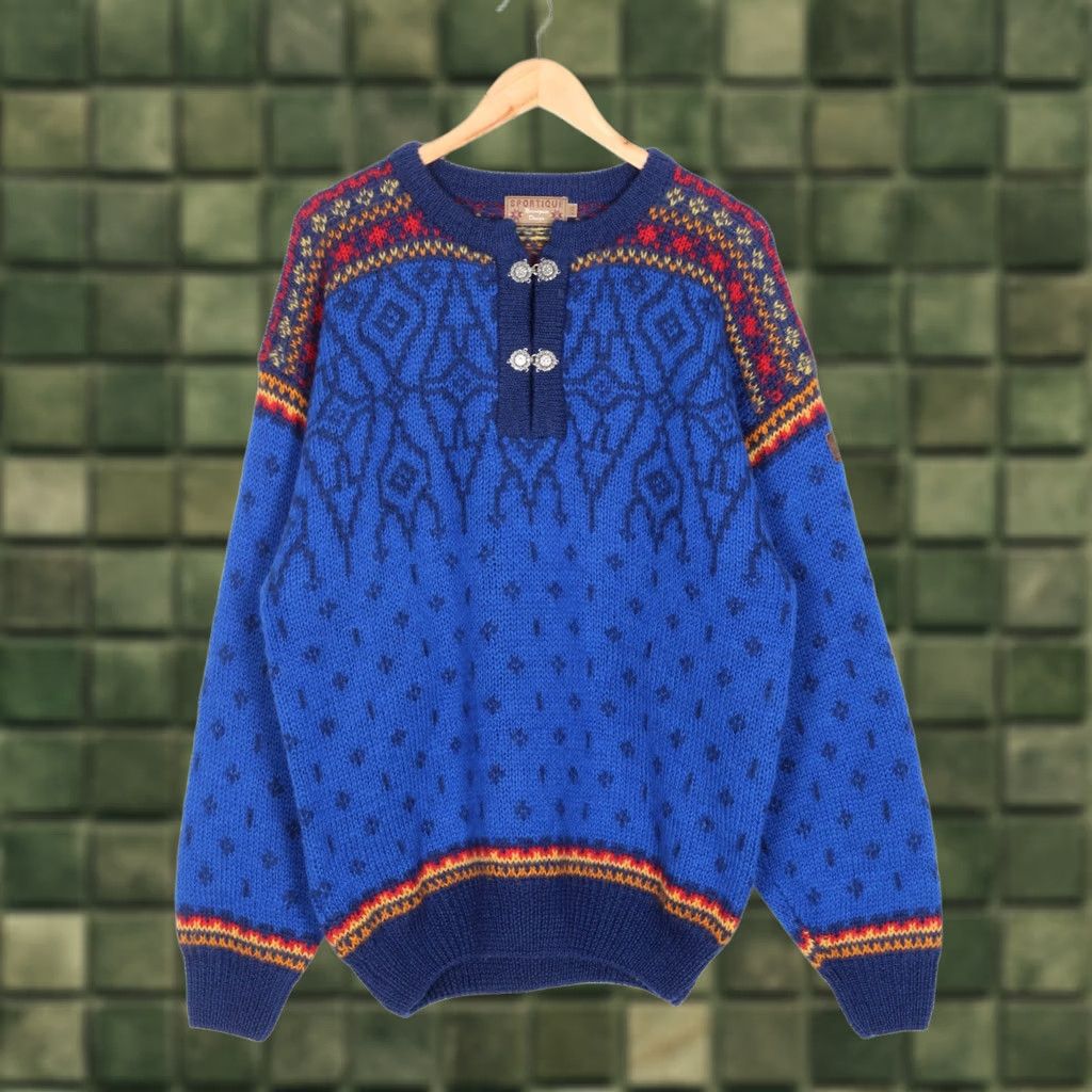 Vintage VINTAGE SPORTIQUE Jumper Sweater Men XXL Wool Chunky-Knit Crew Neck Norway Nordic Fair Isle Blue 90s Mens Size US XXL / EU 58 / 5 - 1 Thumbnail