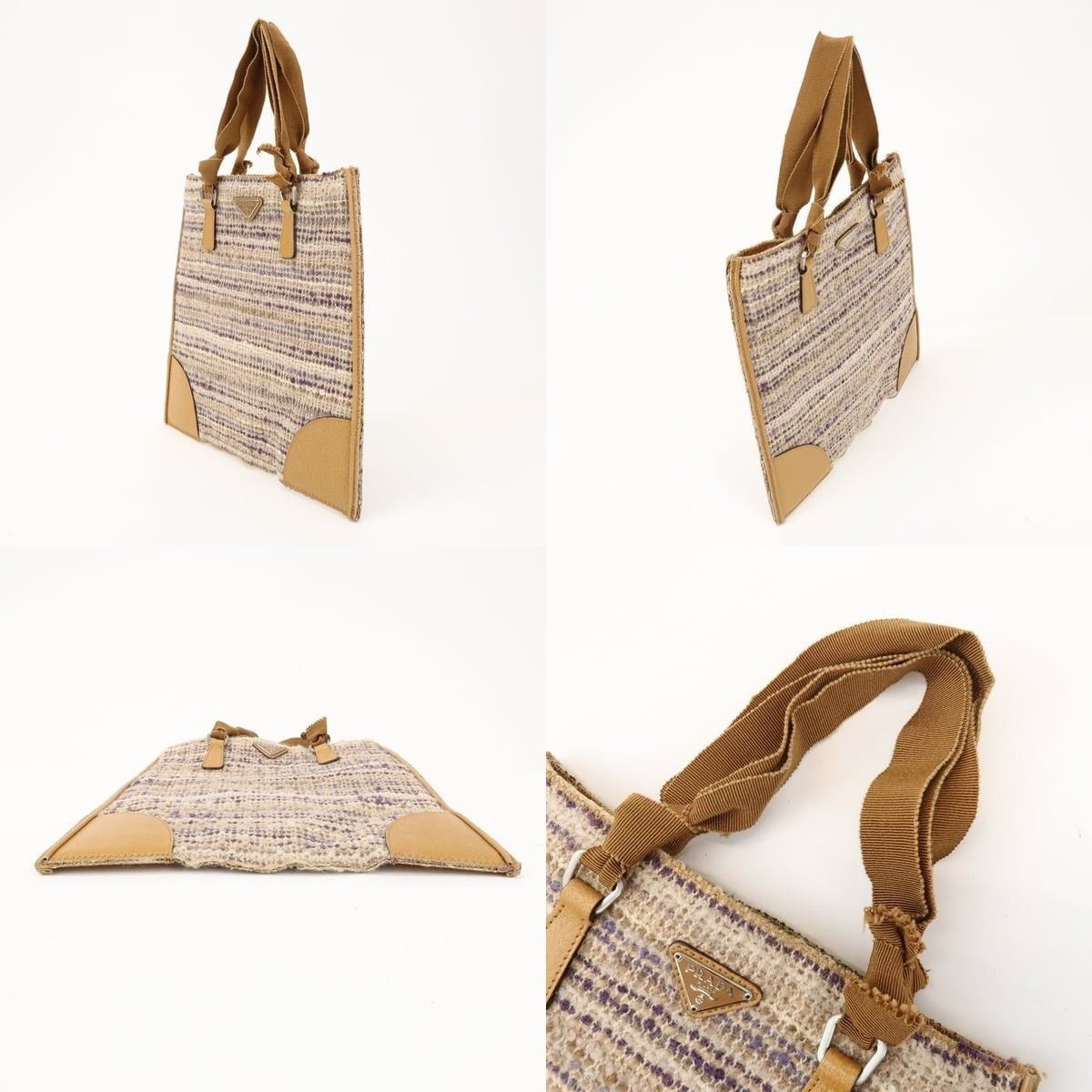 Prada Prada Triangle Logo Tweed Leather Tote Tan Size ONE SIZE - 3 Thumbnail
